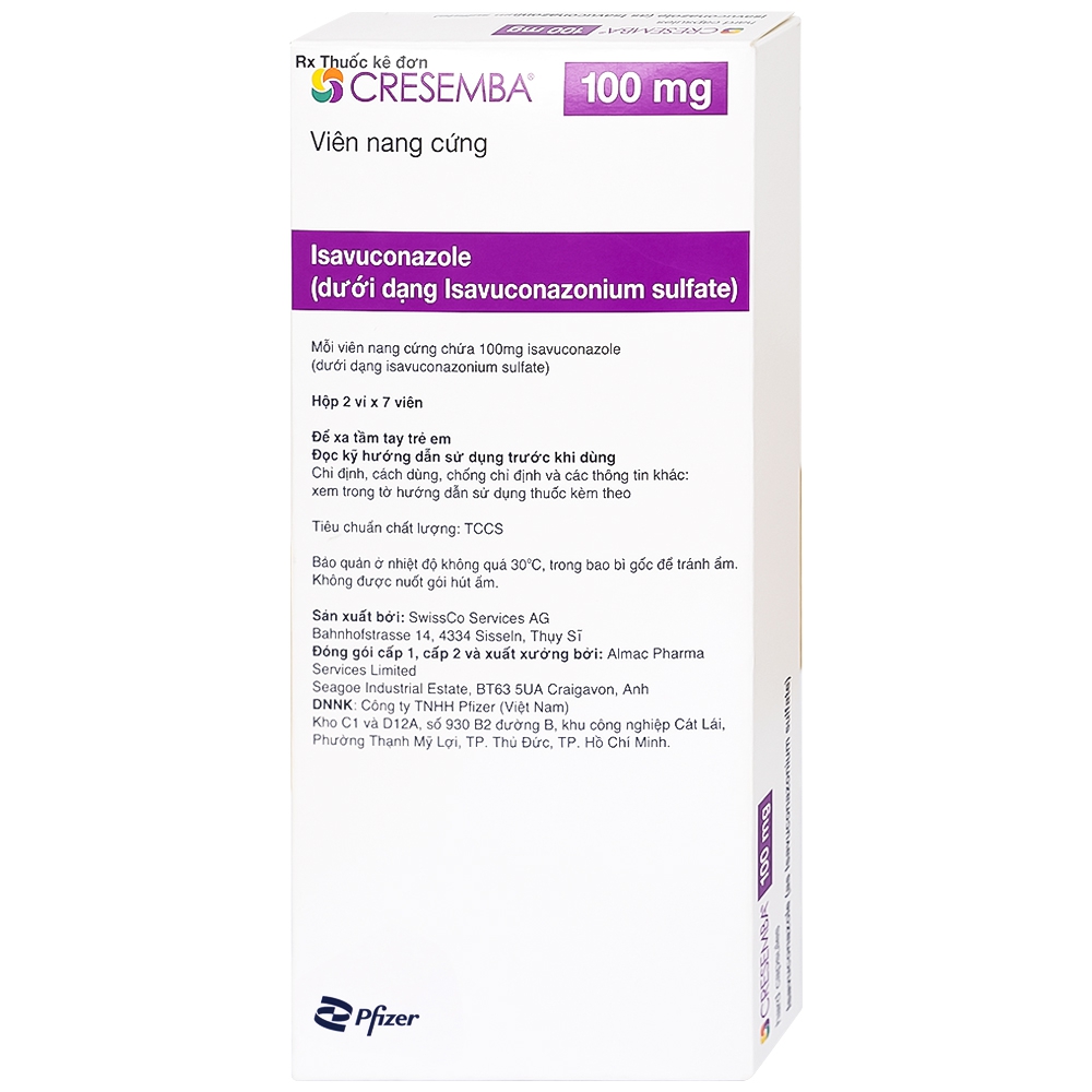 Thuốc Cresemba 100mg Pfizer điều trị nhiễm nấm Aspergillus xâm lấn và nhiễm nấm Mucorales (2 vỉ x 7 viên)