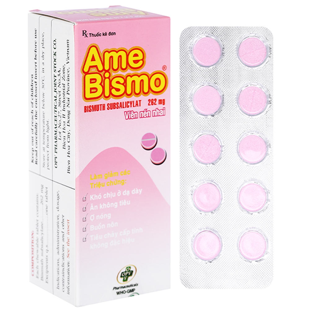 Thuốc Ame Bismo 262mg OPV giảm khó chịu ở dạ dày, ăn không tiêu, ợ nóng (6 vỉ x 10 viên)