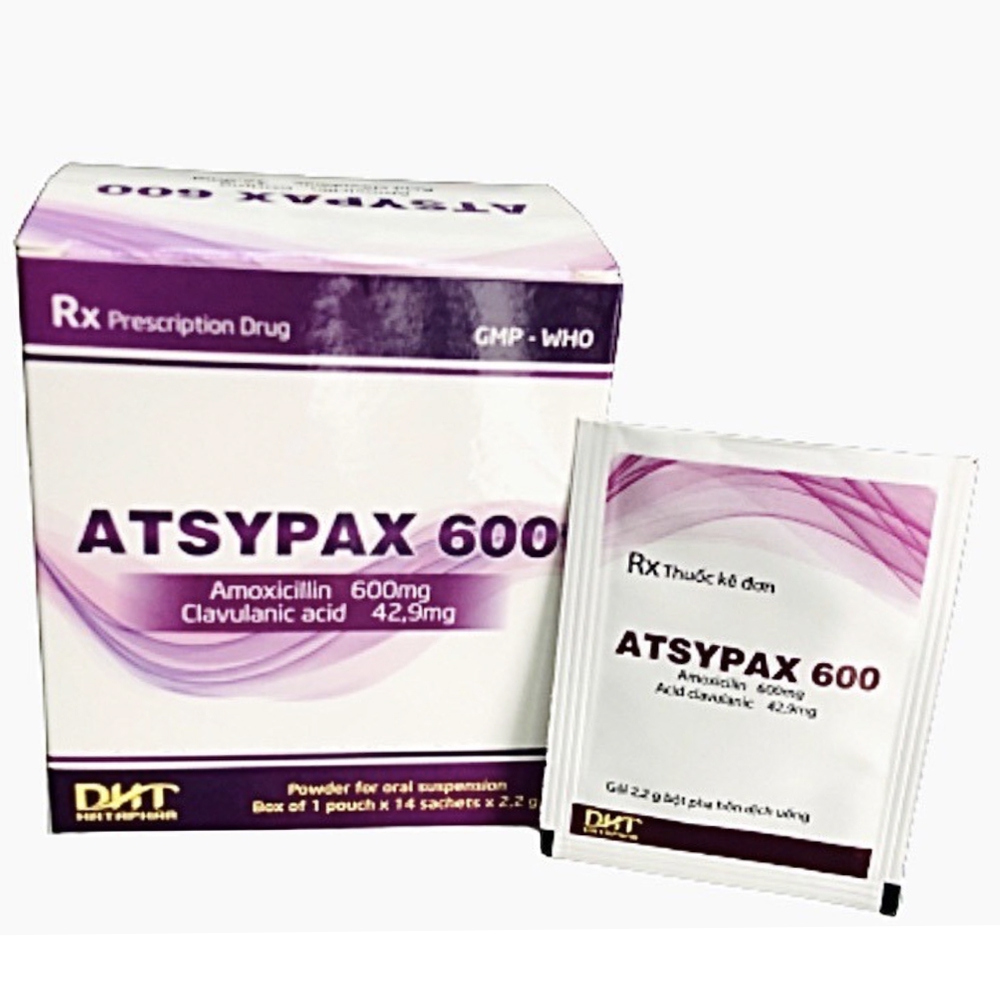 Thuốc bột uống Atsypax 600 Hataphar điều trị viêm tai giữa, viêm admidan, viêm họng (14 gói x 2,2g)