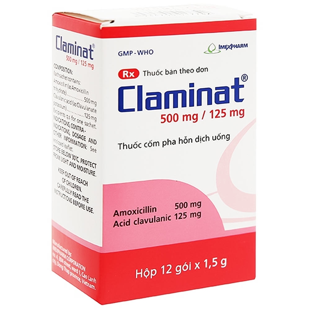 Thuốc Claminat 500mg/125mg Imexpharm điều trị nhiễm khuẩn (12 gói x 1.5g)