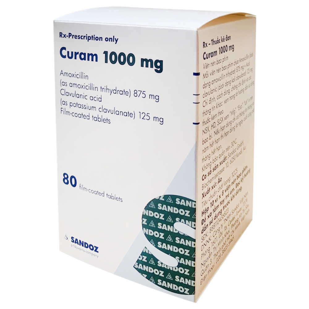 Thuốc Curam 1000mg Sandoz điều trị viêm xoang do vi khuẩn cấp tính, viêm tai giữa (10 vỉ x 8 viên)