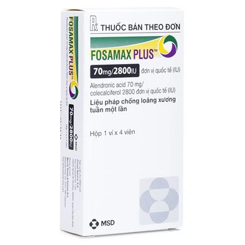 Thuốc Fosamax Plus 70mg/2800IU Organon điều trị loãng xương sau mãn kinh ở phụ nữ (1 vỉ x 4 viên)