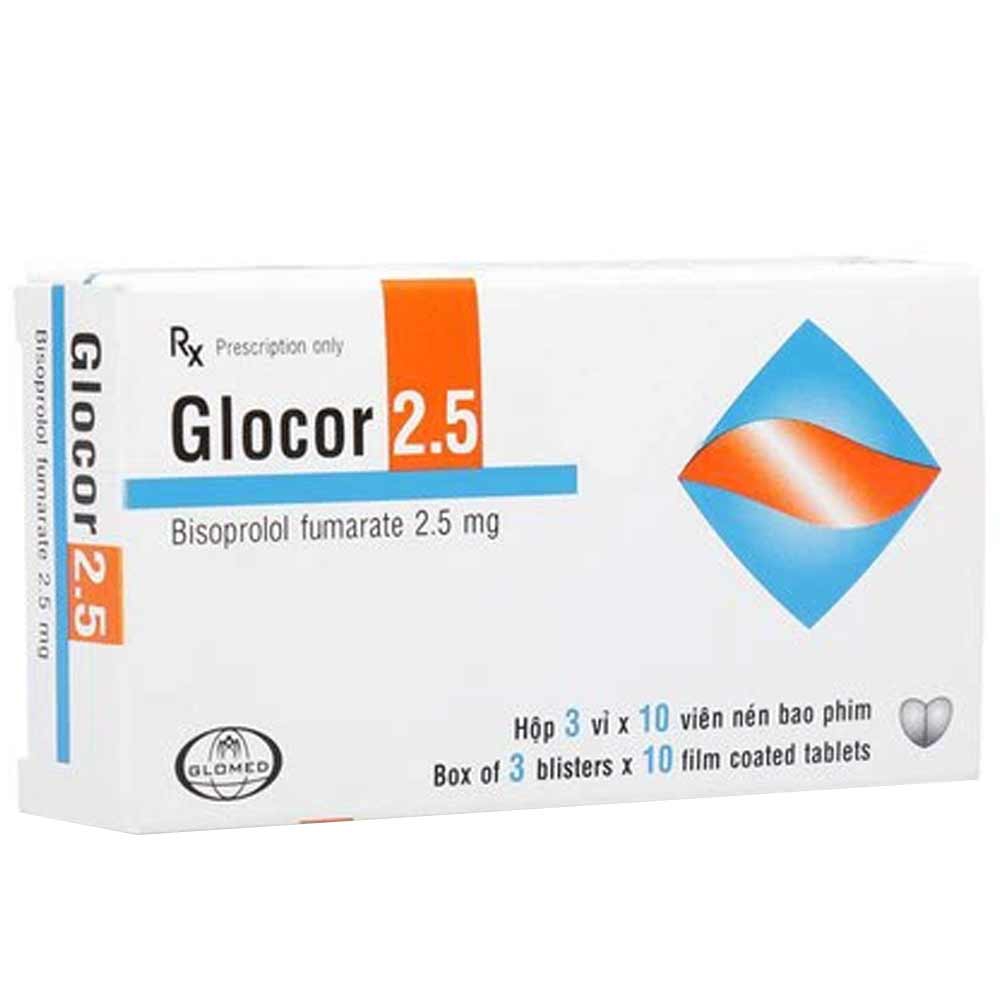 Thuốc Glocor 2.5 Glomed điều trị cao huyết áp, đau thắt ngực (3 vỉ x 10 viên)