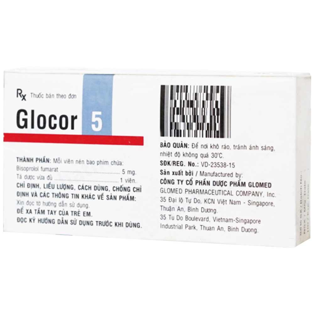 Viên nén Glocor 5 Glomed hỗ trợ điều trị tăng huyết áp, cơn đau thắt ngực (3 vỉ x 10 viên)