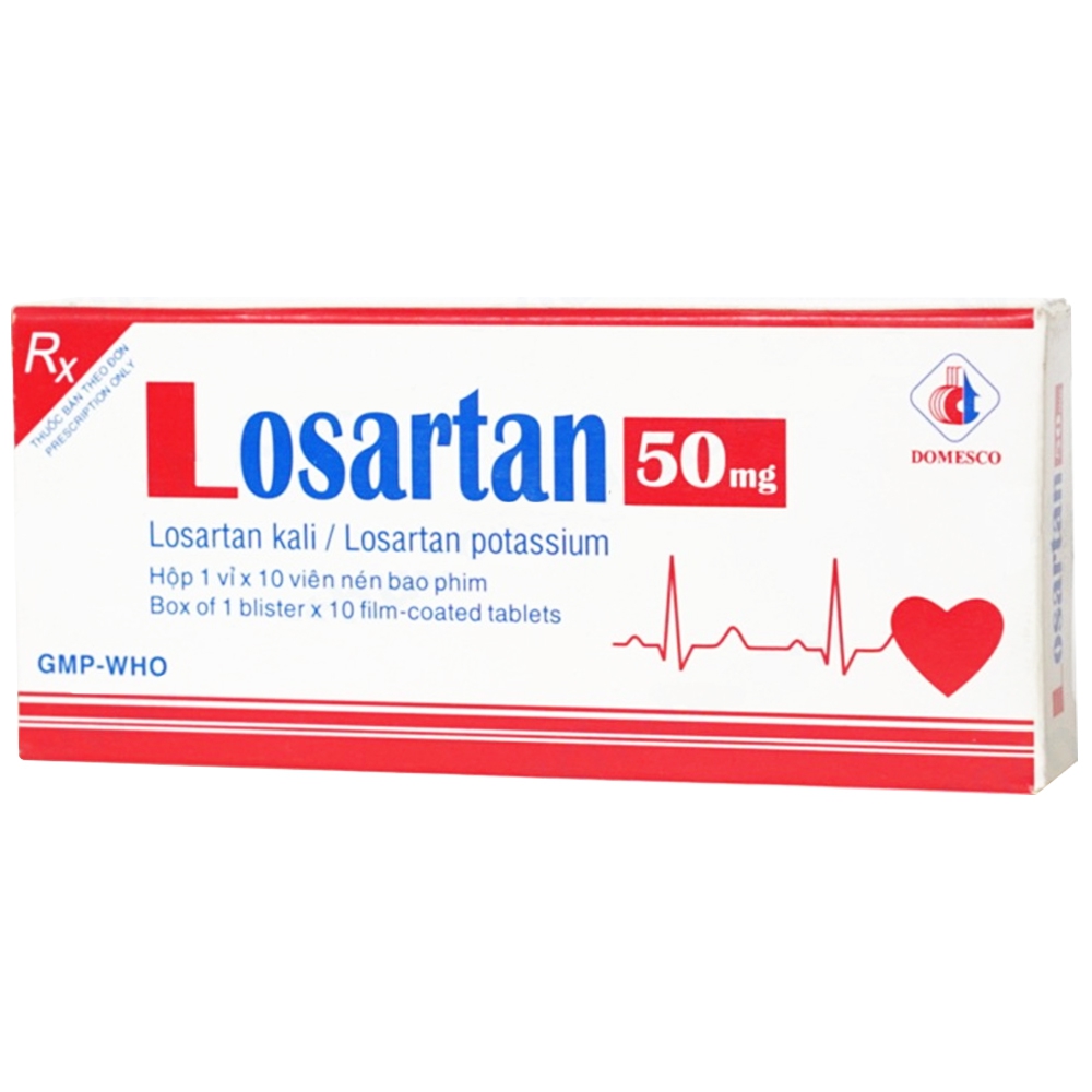 Viên nén Losartan 50mg Domesco điều trị tăng huyết áp, giảm nguy cơ bệnh tim mạch (1 vỉ x 10 viên)