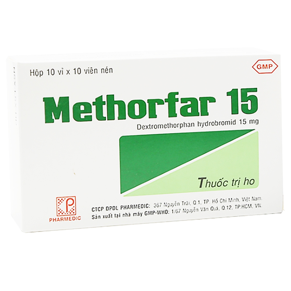 Thuốc trị ho Methorfar 15 Pharmedic dùng cho cảm lạnh, ho không đờm (10 vỉ x 10 viên)