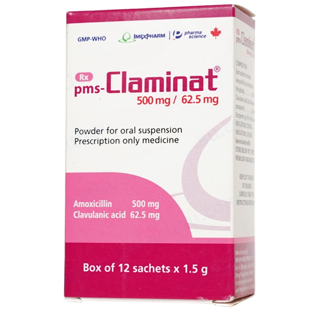 Thuốc bột pha hỗn dịch uống Claminat IMP 500mg/62.5mg điều trị nhiễm khuẩn (12 gói) 