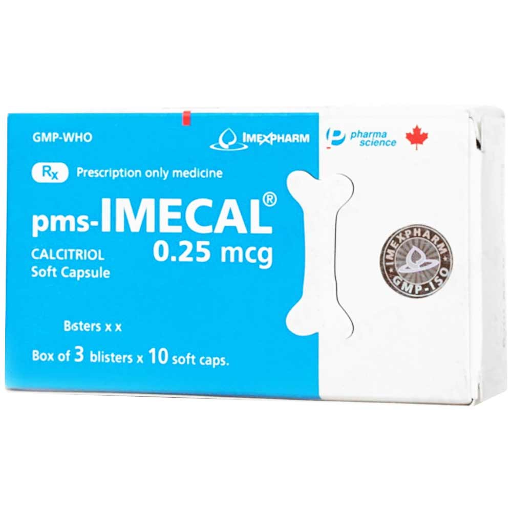 Thuốc pms-Imecal 0.25mcg Imexpharm điều trị điều trị cường cận giáp, loãng xương sau mãn kinh (3 vỉ x 10 viên)