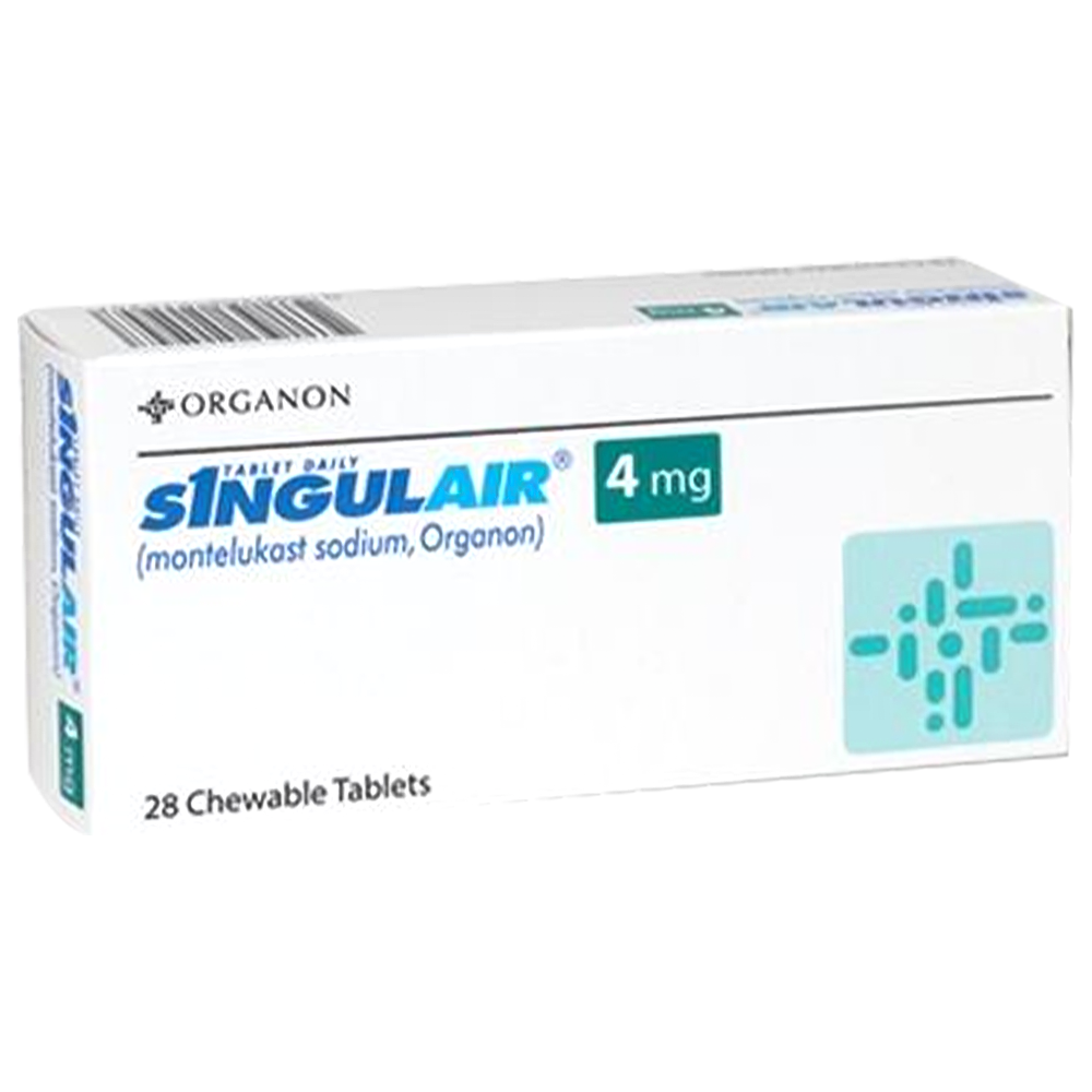 Thuốc Singulair 4mg Organon dự phòng và điều trị hen phế quản mạn tính (2 vỉ x 14 viên)