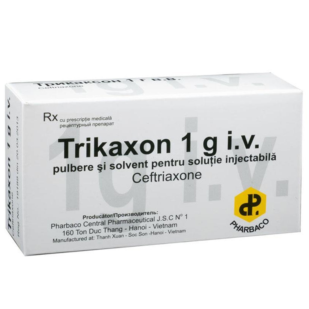 Bột pha tiêm Trikaxon 1 g.i.v Pharbaco điều trị các bệnh nhiễm khuẩn nặng (1 lọ x 1 nước cất)