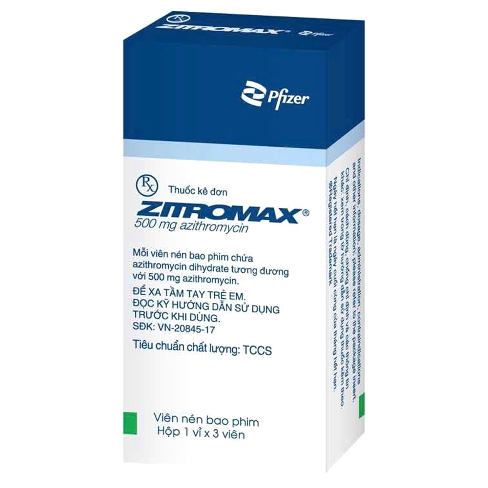 Thuốc Zithromax 500mg Pfizer điều trị các chứng nhiễm khuẩn (1 vỉ x 3 viên)