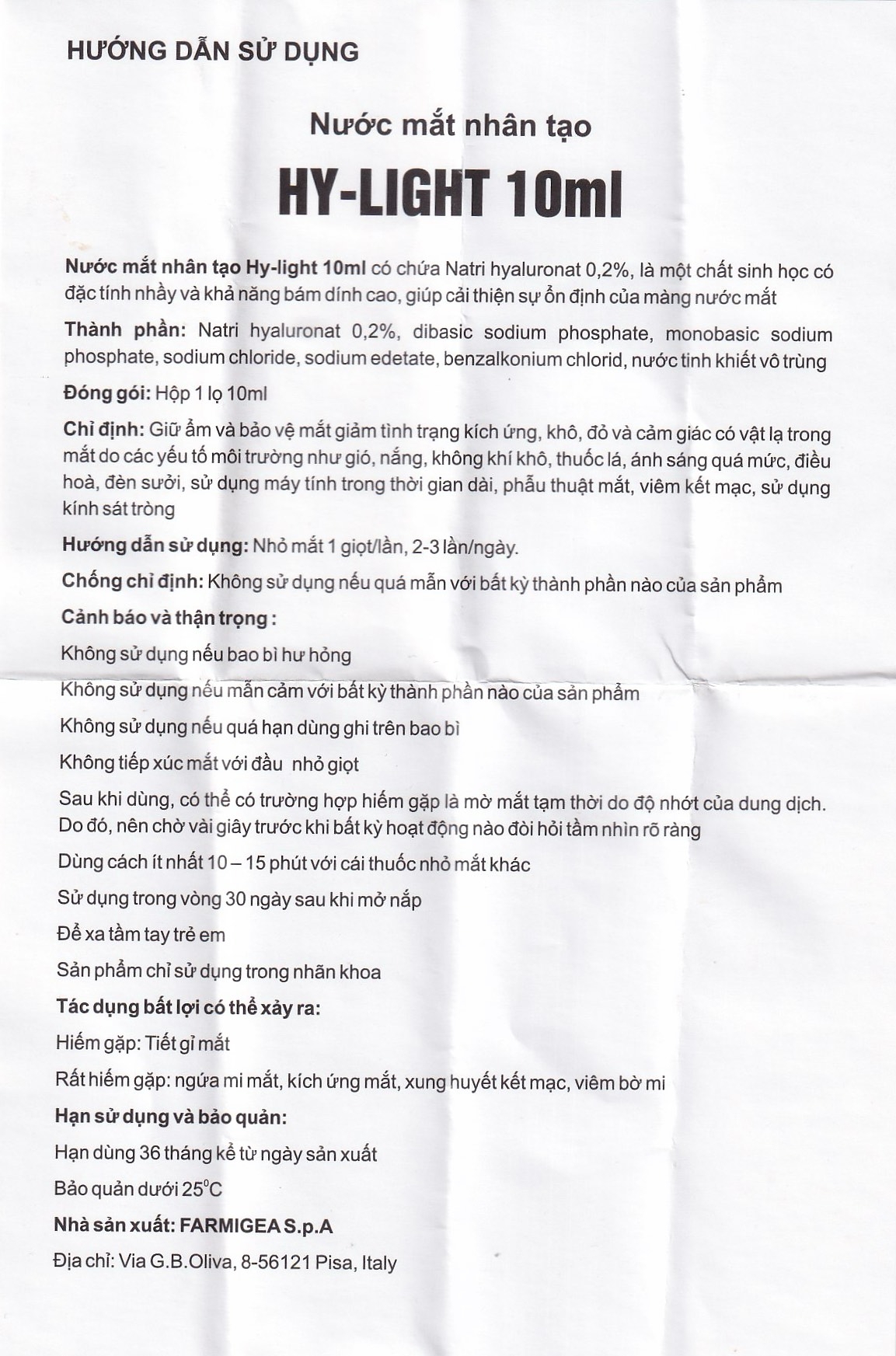 Hình ảnh Nước mắt nhân tạo Hy-Light 10ml Farmigea giữ ẩm và bảo vệ mắt giảm tình trạng kích ứng, khô, đỏ