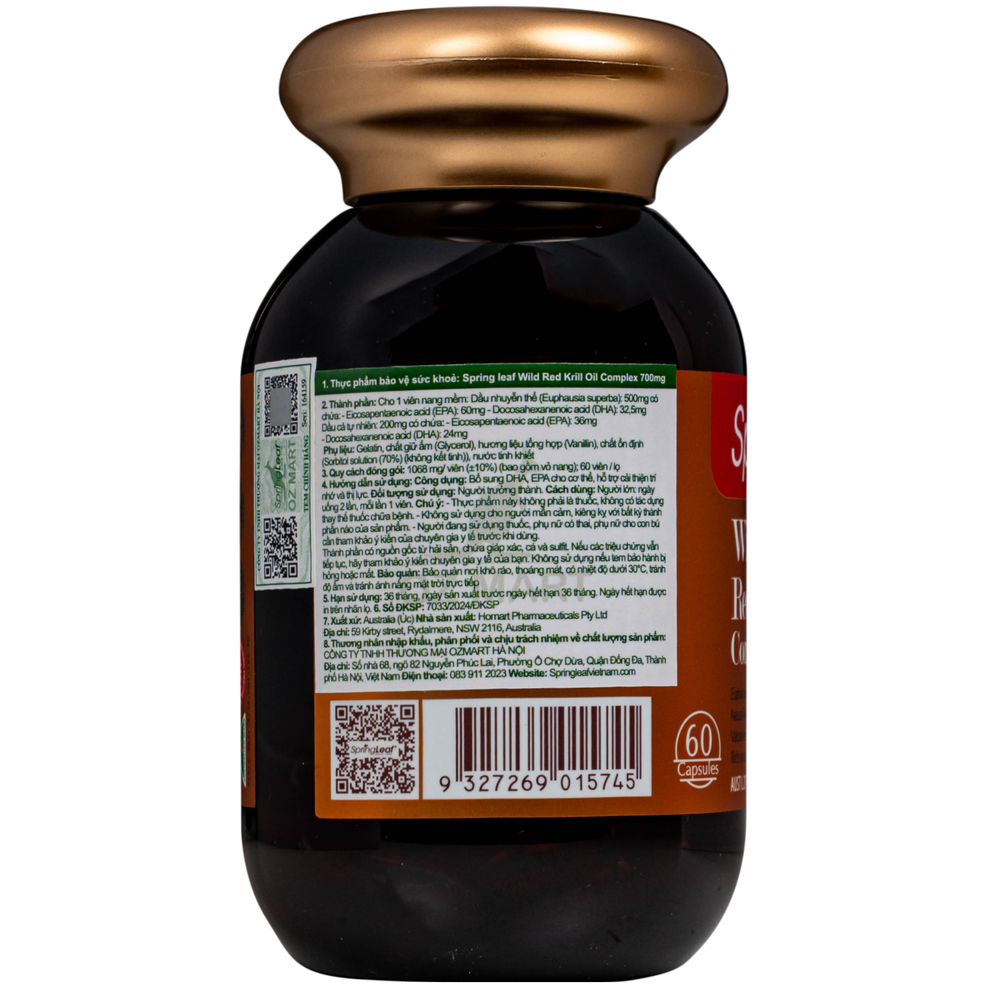 Hình ảnh Viên uống bổ sung DHA, EPA cho cơ thể, hỗ trợ cải thiện trí nhớ và thị lực Spring Leaf Wild Red Krill Oil Complex 700mg (Lọ 60 viên)