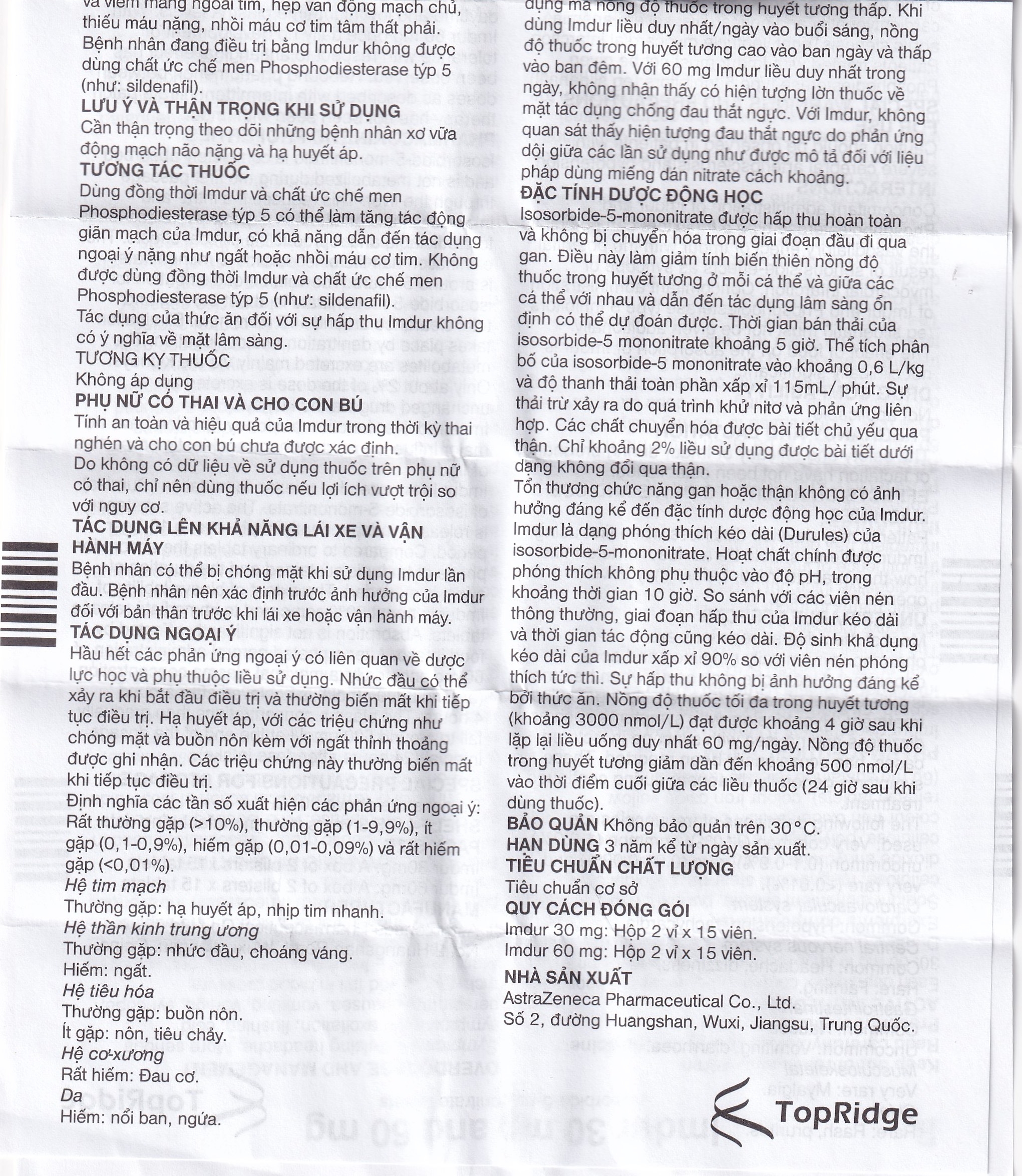 Hình ảnh Thuốc Imdur 30mg AstraZeneca điều trị dự phòng đau thắt ngực (2 vỉ x 15 viên)