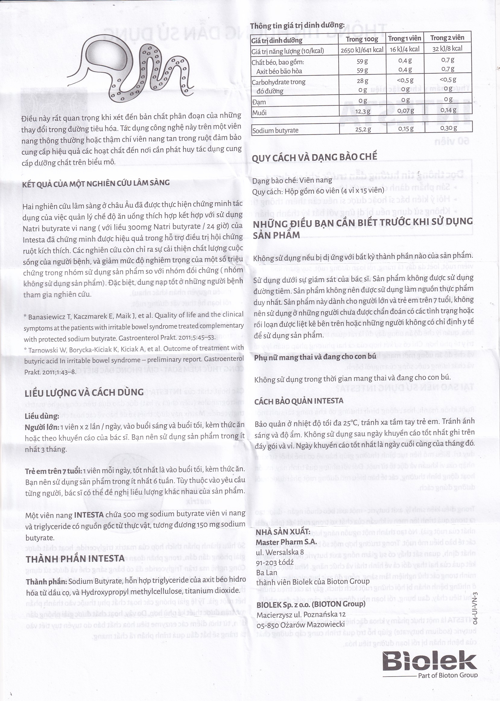 Hình ảnh Viên uống Intesta Biolek 35.7g hỗ trợ điều trị viêm đại tràng (4 vỉ x 15 viên)