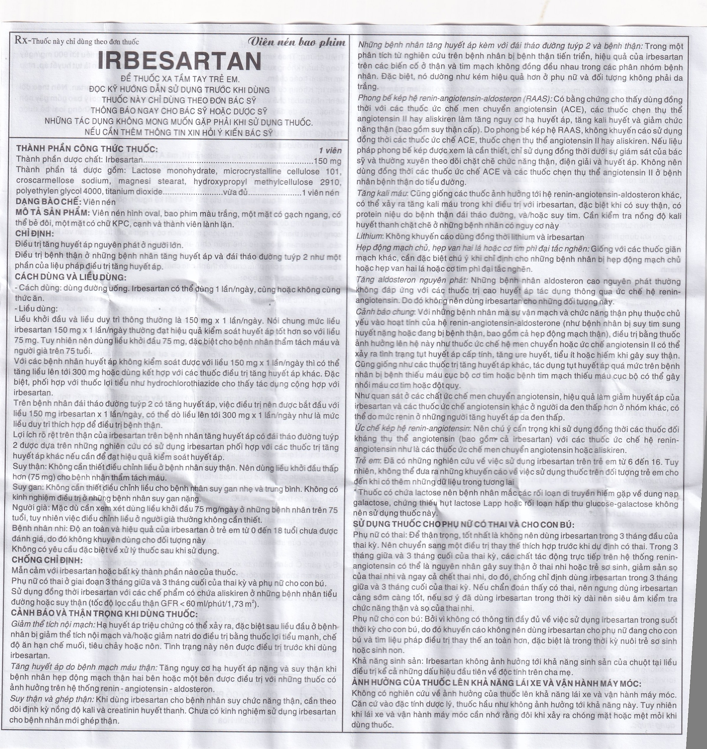 Hình ảnh Thuốc Irbesartan 150mg điều trị tăng huyết áp, bệnh thận do tiểu đường (10 vỉ 10 viên)