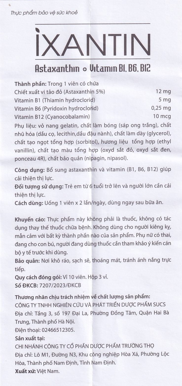 Hình ảnh Viên uống Ixantin Sucs bổ sung astaxanthin và vitamin B1, B6, B12 giúp cải thiện thị lực (3 vỉ x 10 viên)