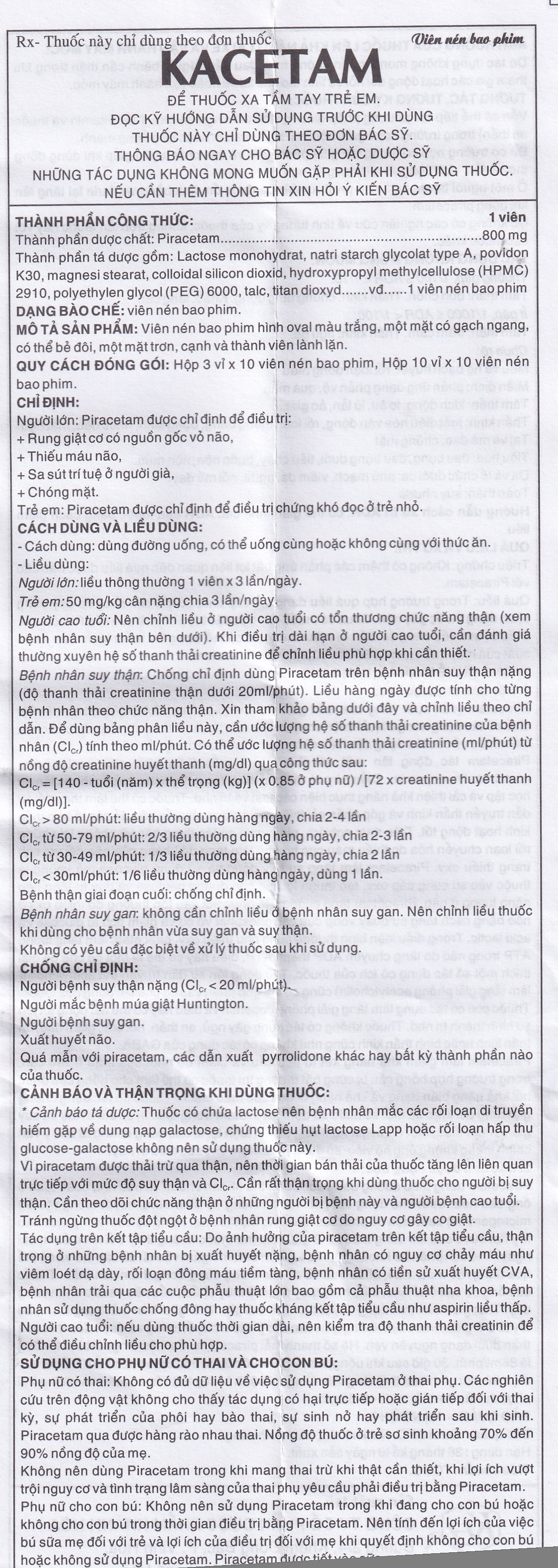 Hình ảnh Viên nén Kacetam 800mg Khapharco điều trị rung giật cơ có nguồn gốc vỏ não, thiếu máu não (10 vỉ x 10 viên)