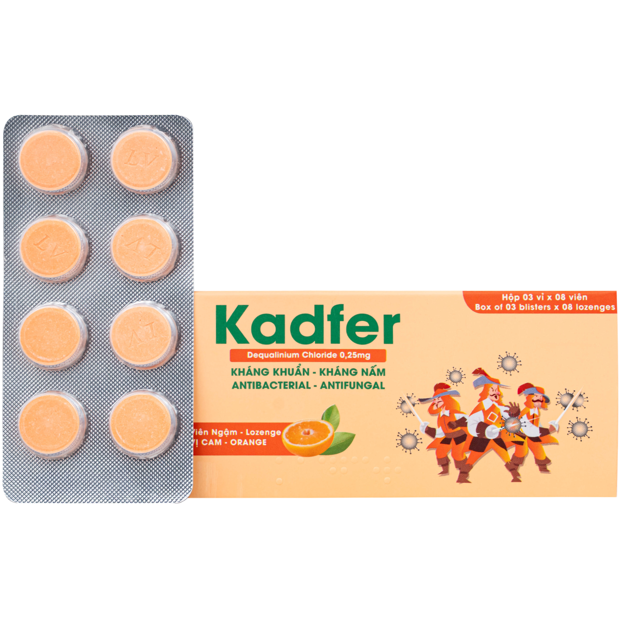 Hình ảnh Viên ngậm Kadfer 0.25 Enlie điều trị viêm họng, đau vùng họng, viêm amidan, viêm lưỡi hay viêm miệng hoặc loét áp tơ hay tưa miệng ( 3 vỉ x 8 viên)