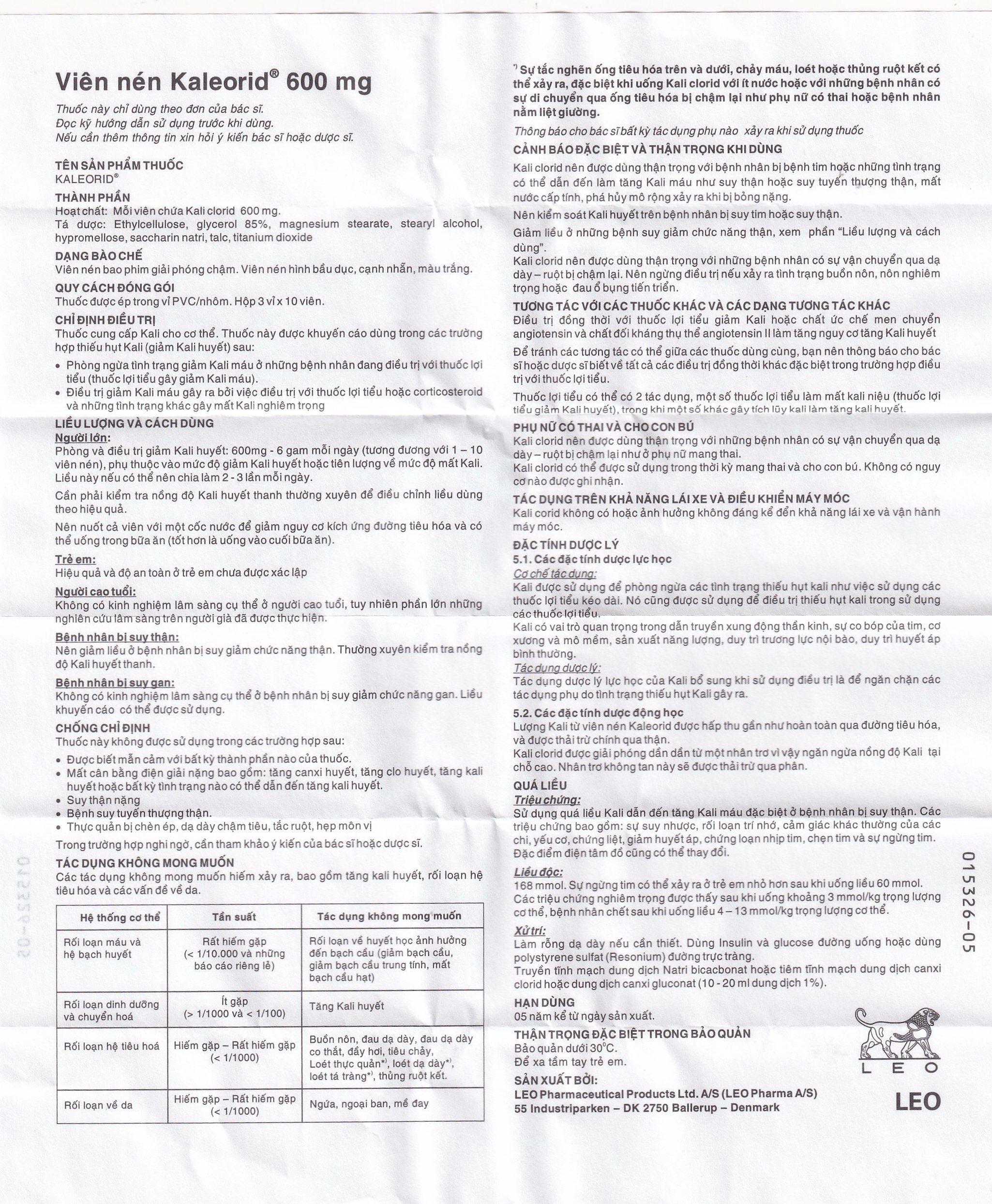 Hình ảnh Viên nén Kaleorid 600mg LEO phòng ngừa và điều trị giảm kali huyết (3 vỉ x 10 viên)