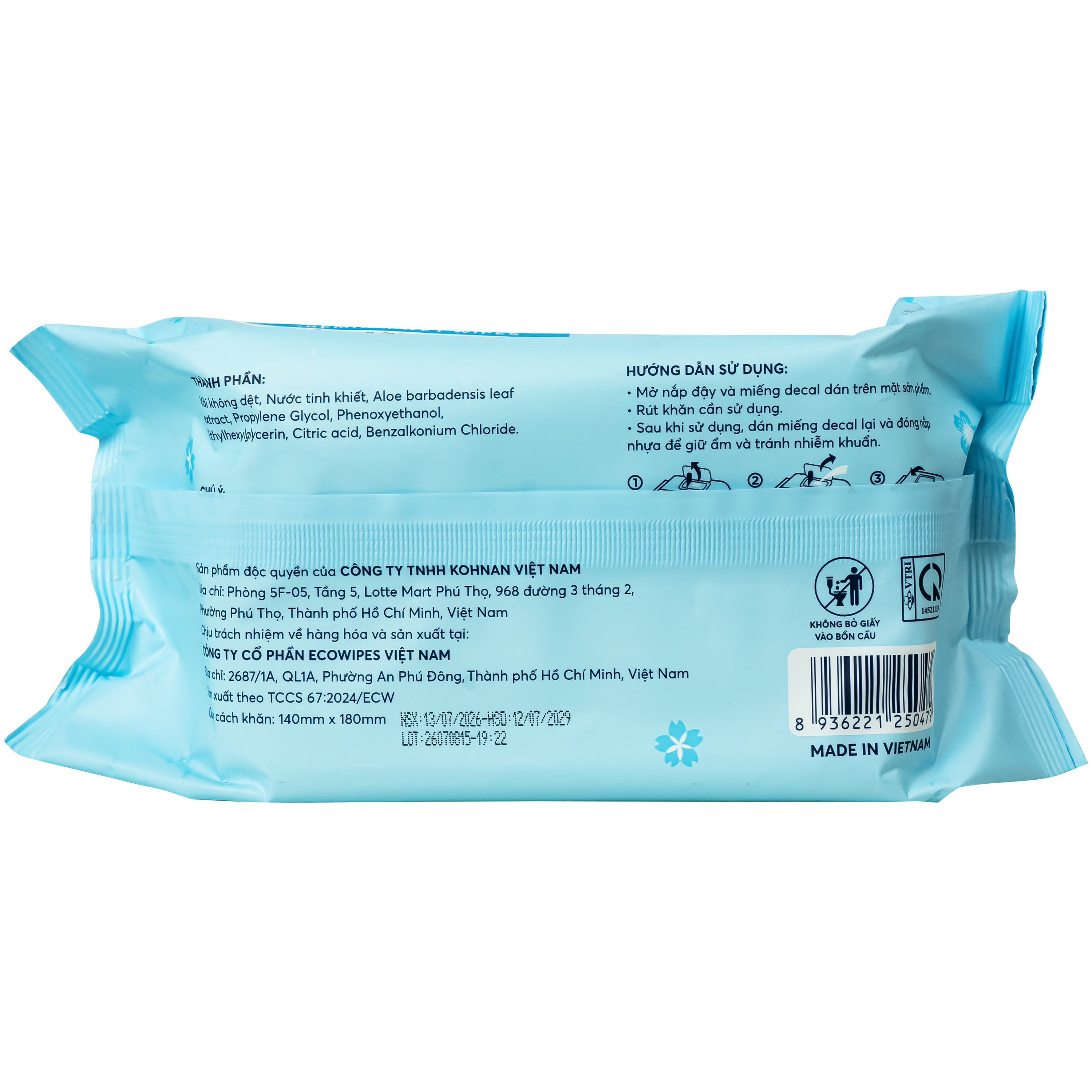 Hình ảnh Khăn giấy ướt Kohnan không hương, không cồn, không paraben (gói 100 tờ)
