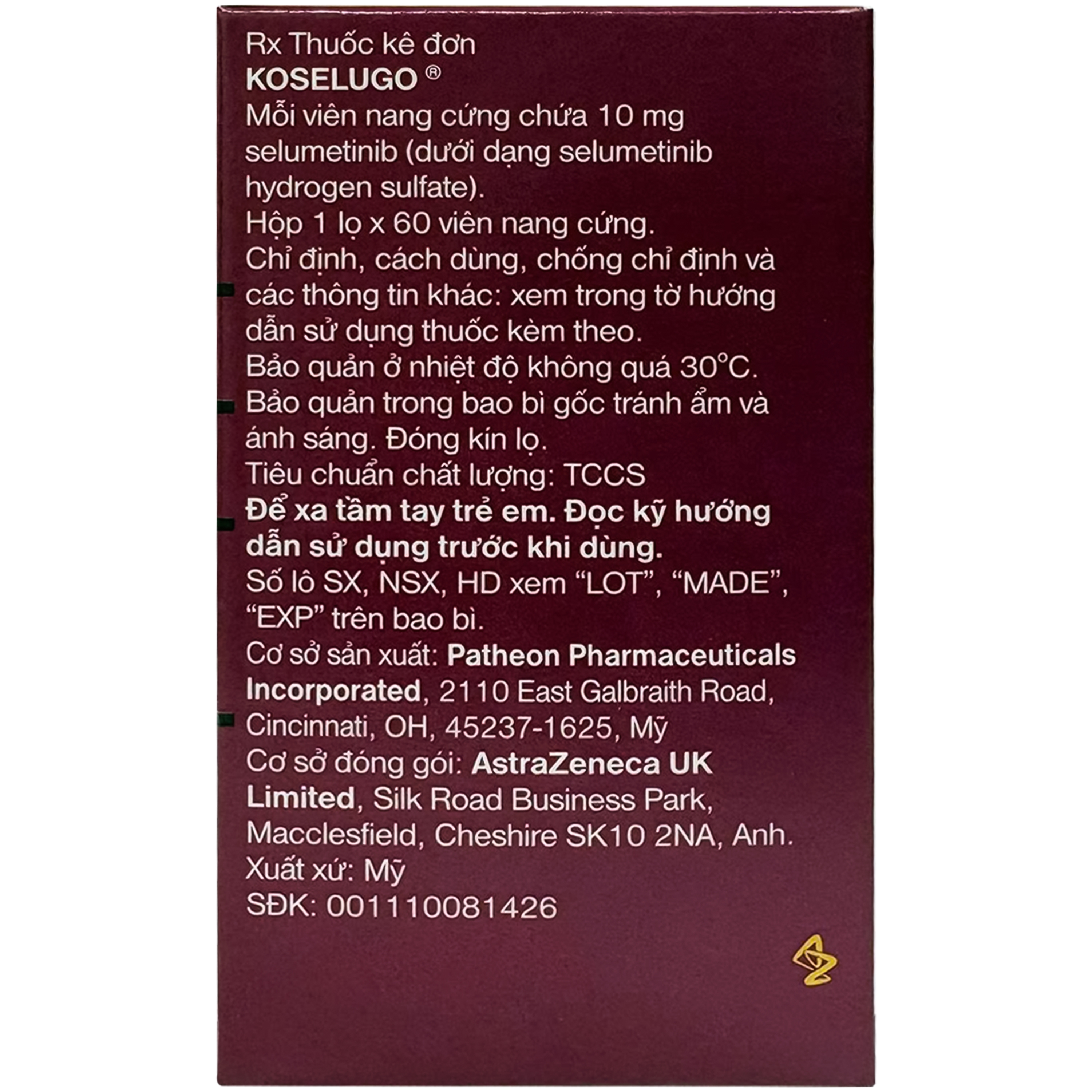 Hình ảnh Thuốc Koselugo 10mg Astrazeneca điều trị bệnh u xơ thần kinh loại 1 (NF1) ở bệnh nhi (Hộp 60 viên)