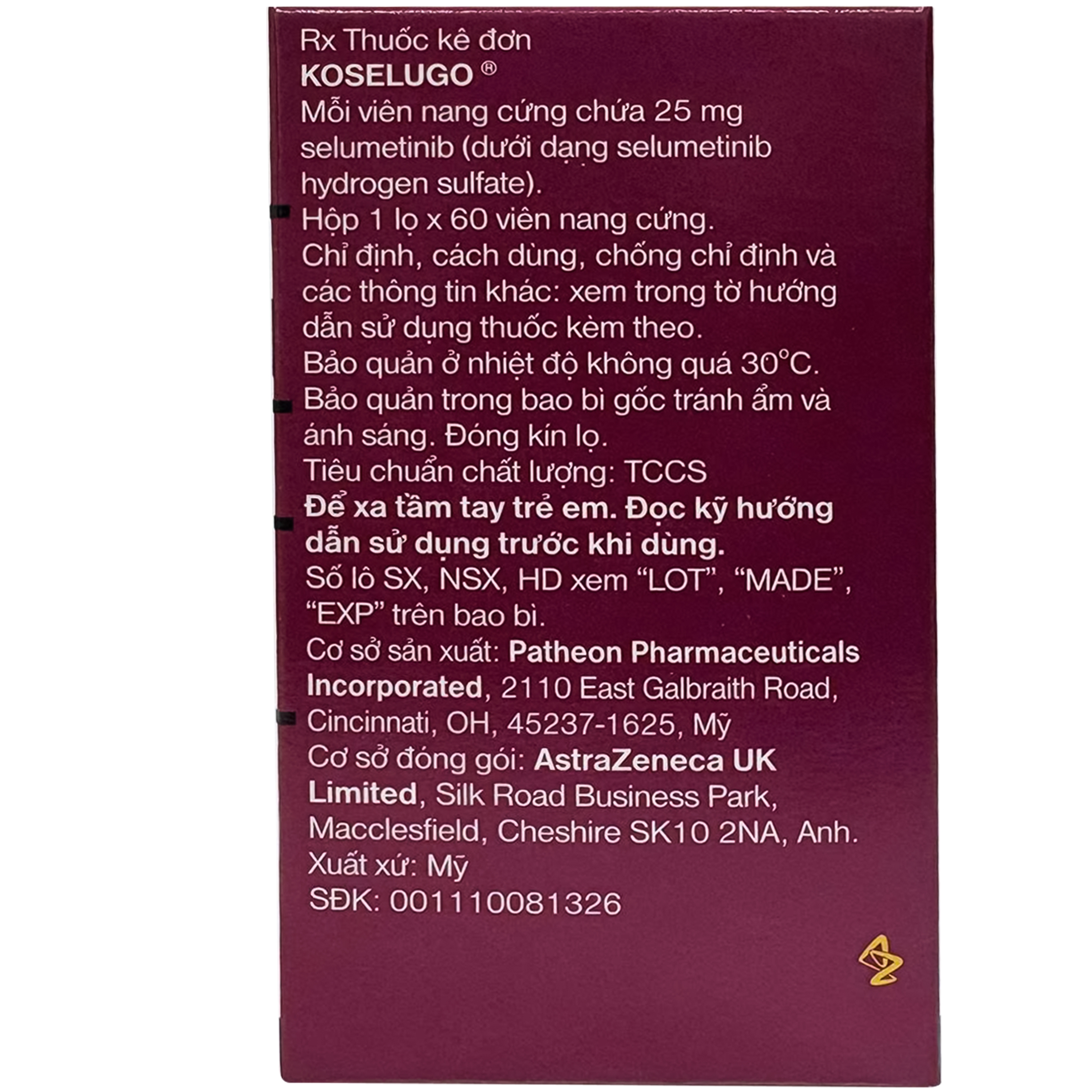 Hình ảnh Thuốc Koselugo 25mg Astrazeneca Điều trị u xơ thần kinh loại 1 dạng búi (Hộp 60 viên)