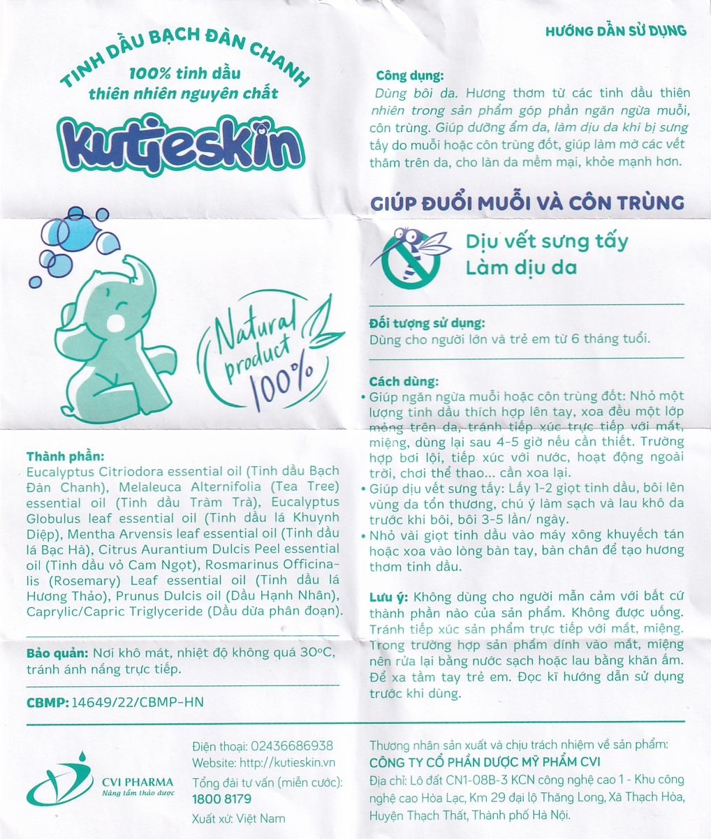 Hình ảnh Tinh dầu bạch đàn chanh Kutieskin giúp đuổi muỗi và côn trùng dịu vết sưng tấy, làm dịu da (30ml)