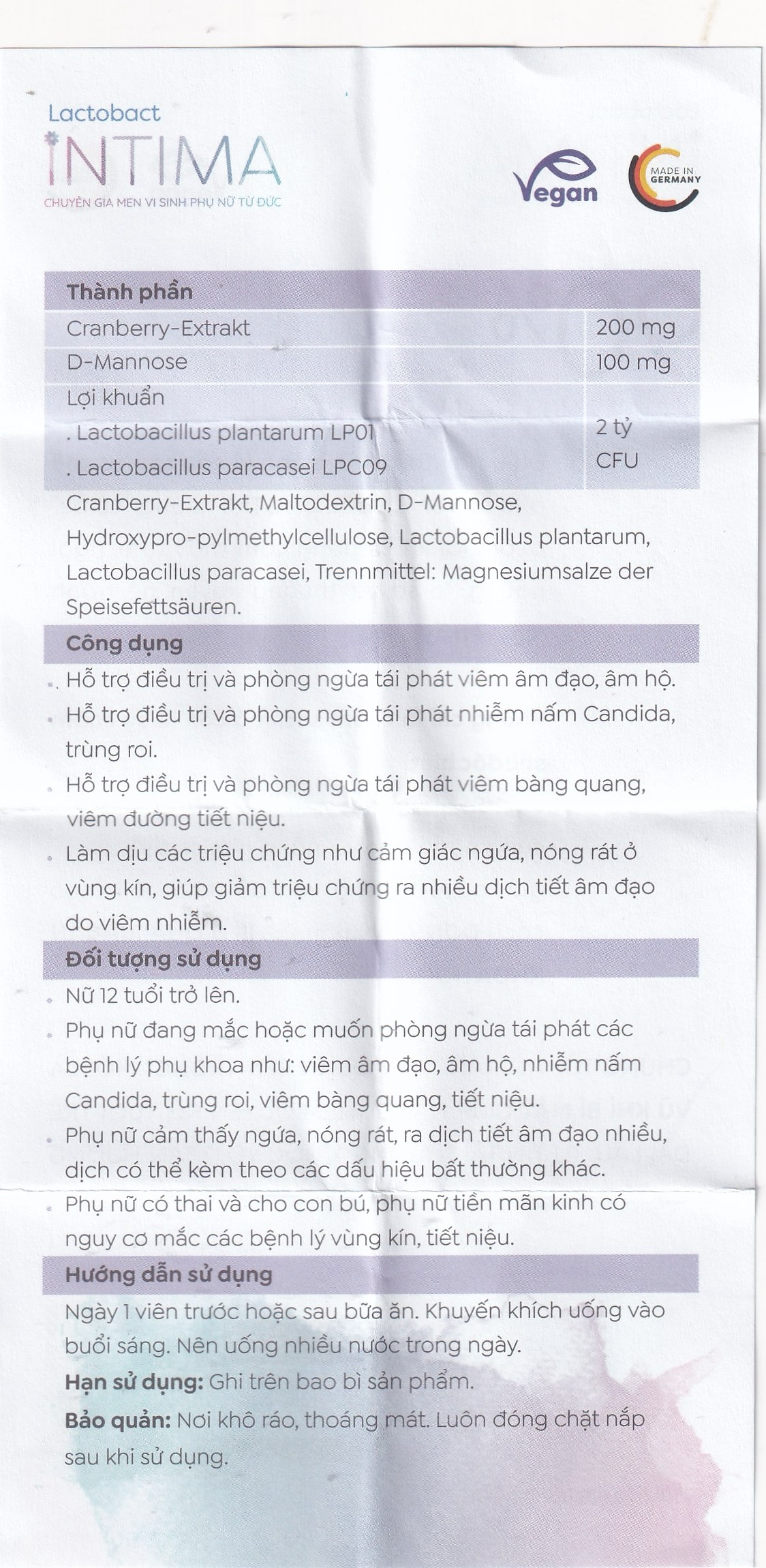 Hình ảnh Viên uống bổ sung lợi khuẩn, D-mannose, việt quất cho phụ nữ Lactobact Intima (30 viên)