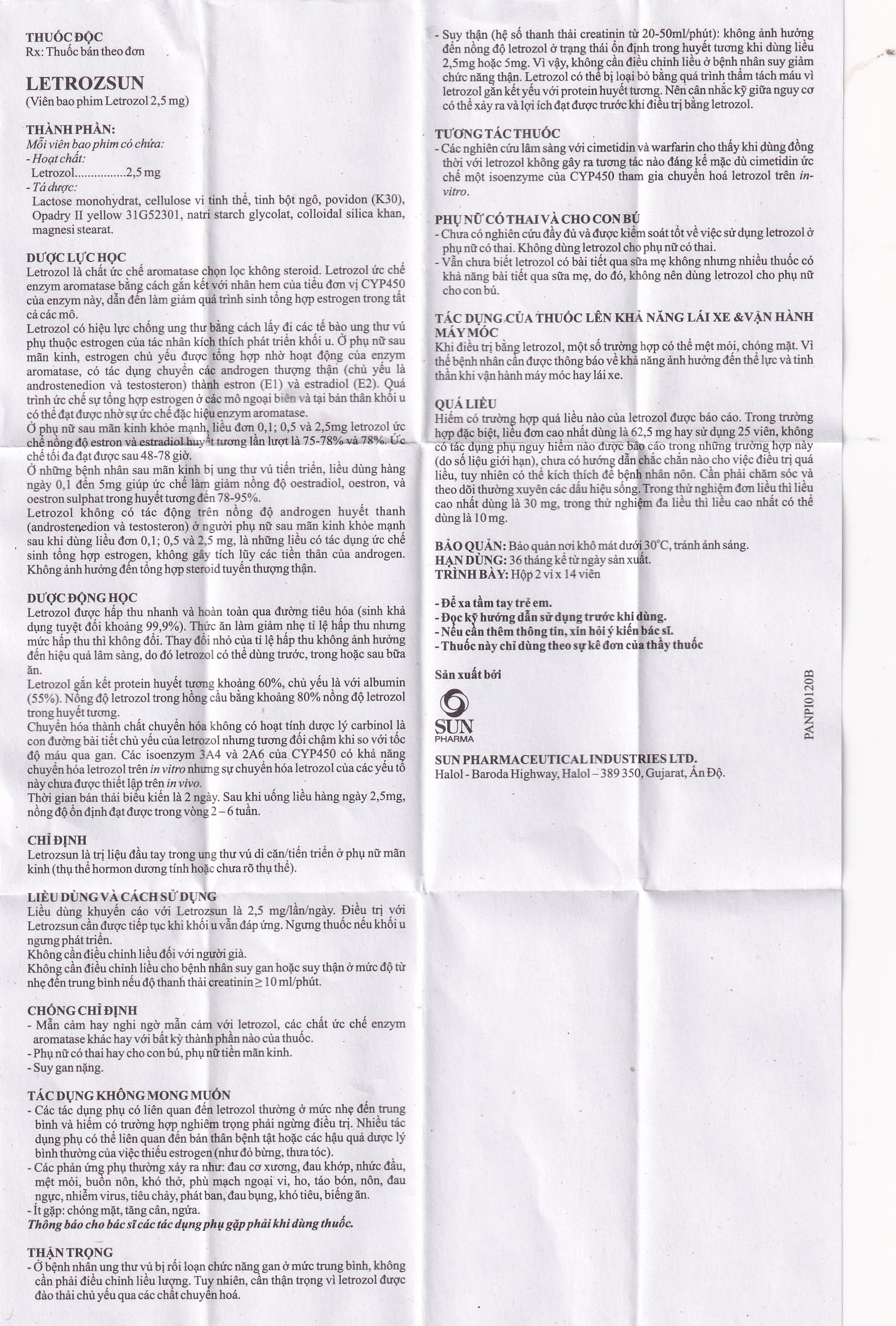 Hình ảnh Thuốc Letrozsun 2.5mg Sun Pharma hỗ trợ điều trị ung thư vú (2 vỉ x 14 viên)