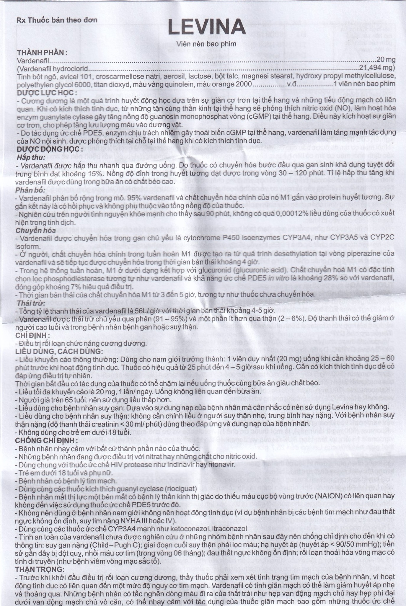 Hình ảnh Thuốc Levina 20mg Cophavina điều trị rối loạn chức năng cương dương (1 vỉ x 4 viên)