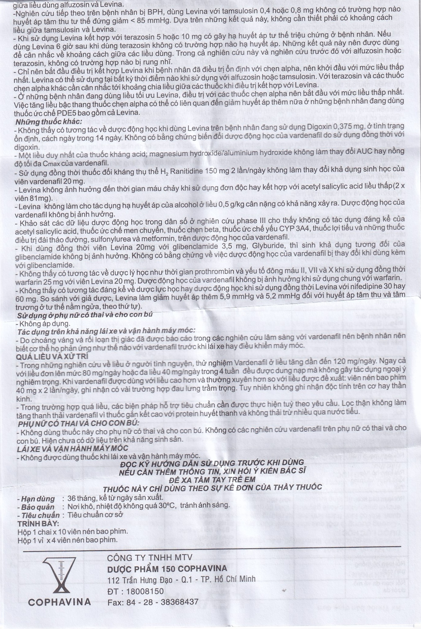 Hình ảnh Thuốc Levina 20mg Cophavina điều trị rối loạn chức năng cương dương (1 vỉ x 4 viên)