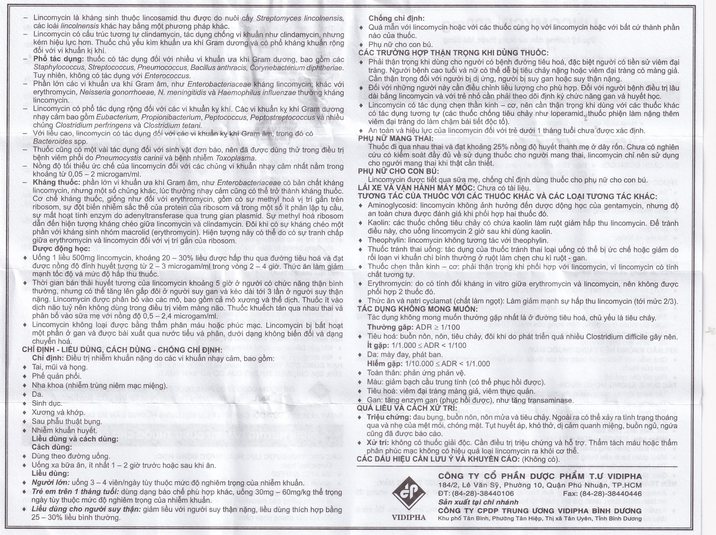 Hình ảnh Thuốc Lincomycin 500mg Vidipha điều trị nhiễm khuẩn tai mũi họng, phế quản, phổi (10 vỉ x 10 viên)