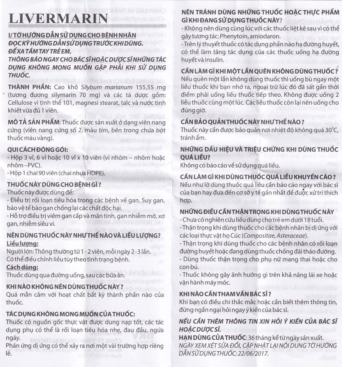 Hình ảnh Thuốc Livermarin 70mg Brv điều trị rối loạn tiêu hoá, viêm gan cấp và mãn tính (3 vỉ x 10 viên)