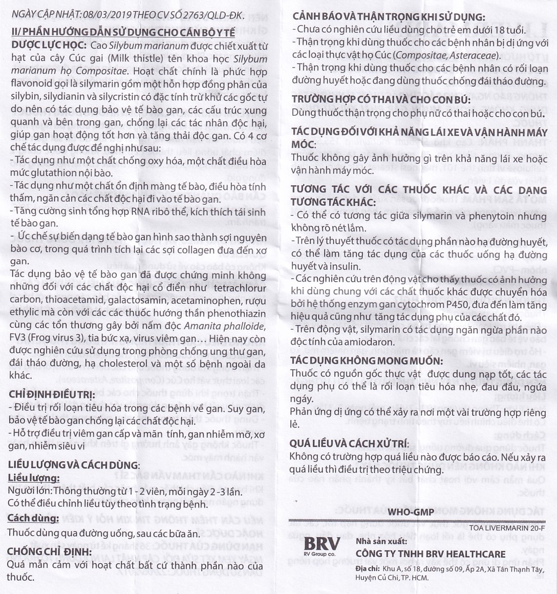 Hình ảnh Thuốc Livermarin 70mg Brv điều trị rối loạn tiêu hoá, viêm gan cấp và mãn tính (3 vỉ x 10 viên)