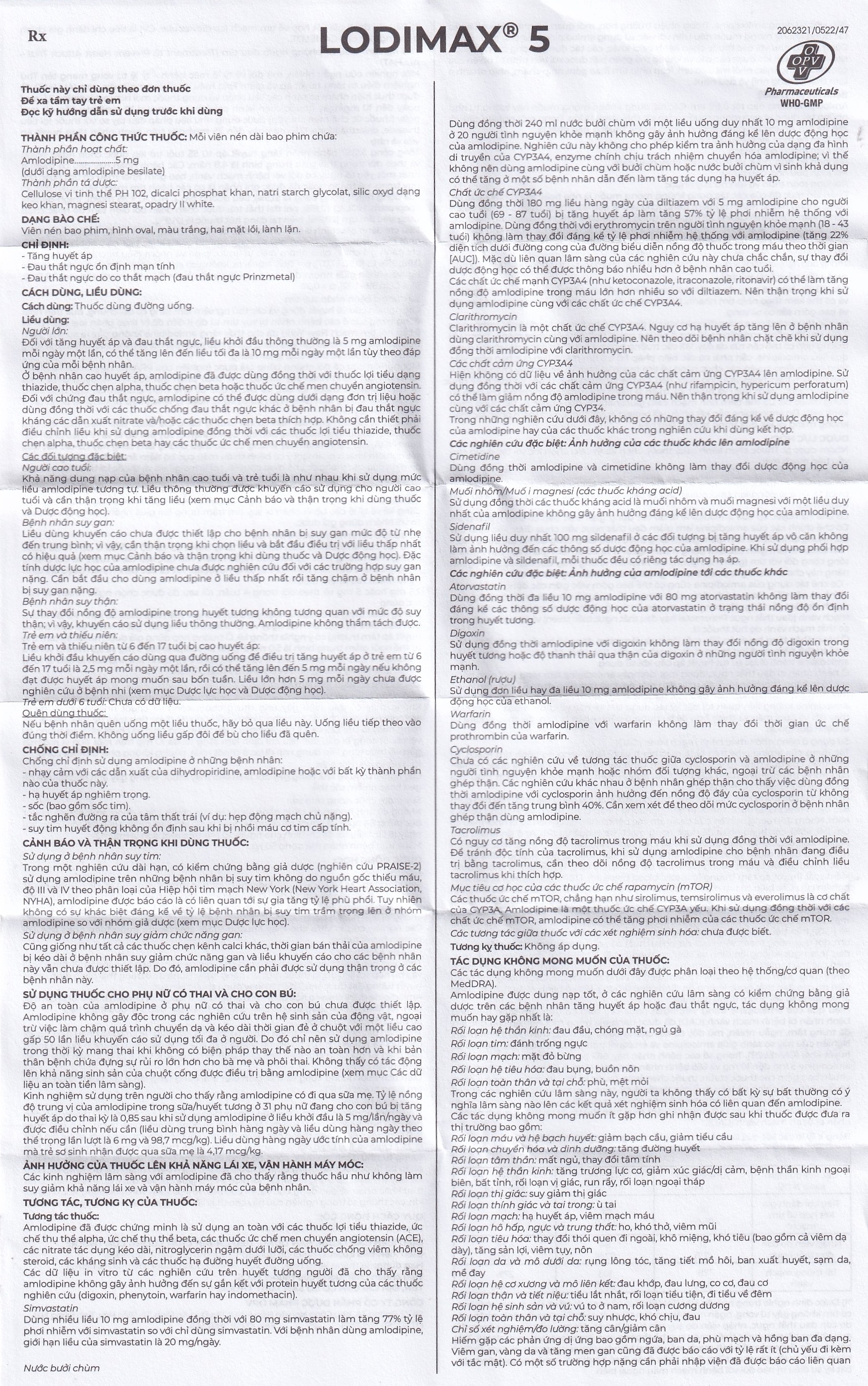 Hình ảnh Viên nén Lodimax 5 OPV Pharma chống tăng huyết áp, đau thắt ngực (2 vỉ x 10 viên) 