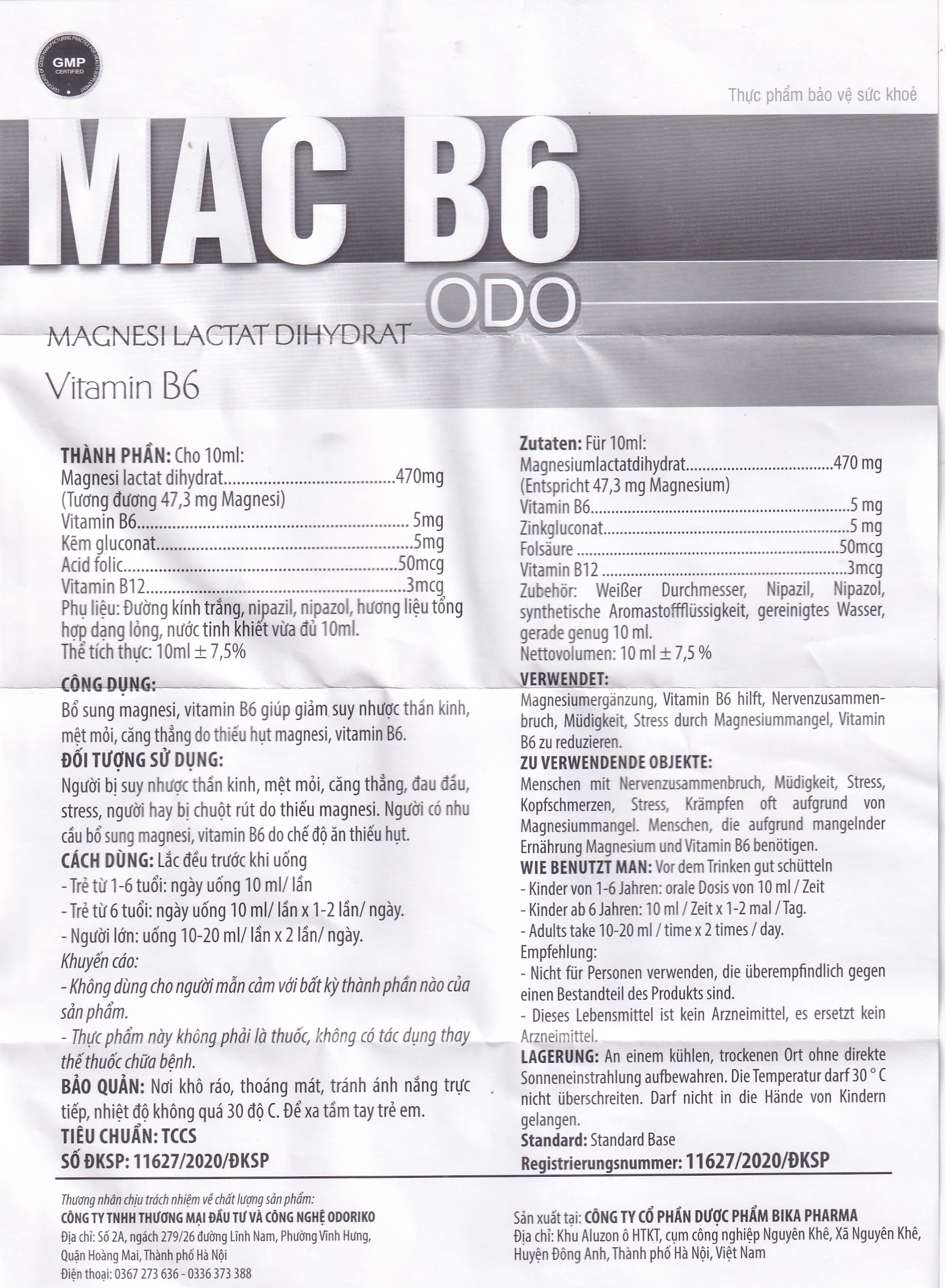 Hình ảnh Siro Mac B6 ODO 10ml Odoriko bổ sung magnesi, vitamin B6 (20 ống)