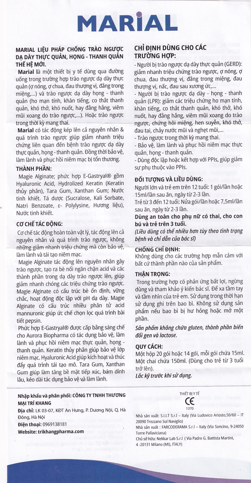 Hình ảnh Marial Gel chống trào ngược dạ dày thực quản, bảo vệ, tái tạo và phục hồi niêm mạc họng (150ml)