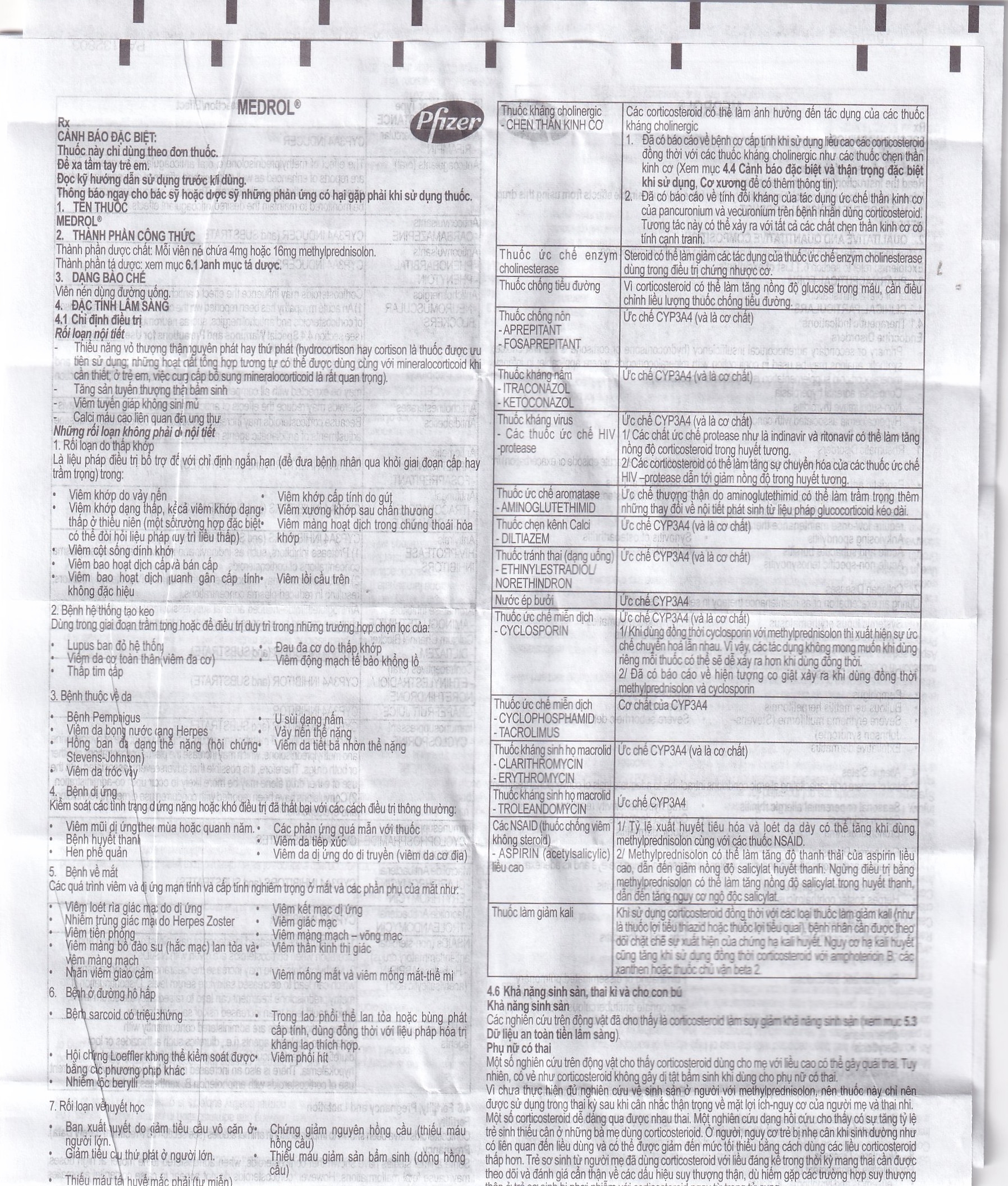Hình ảnh Thuốc Medrol 16mg Pfizer kháng viêm, điều trị rối loạn nội tiết, viêm tuyến giáp (3 vỉ x 10 viên)