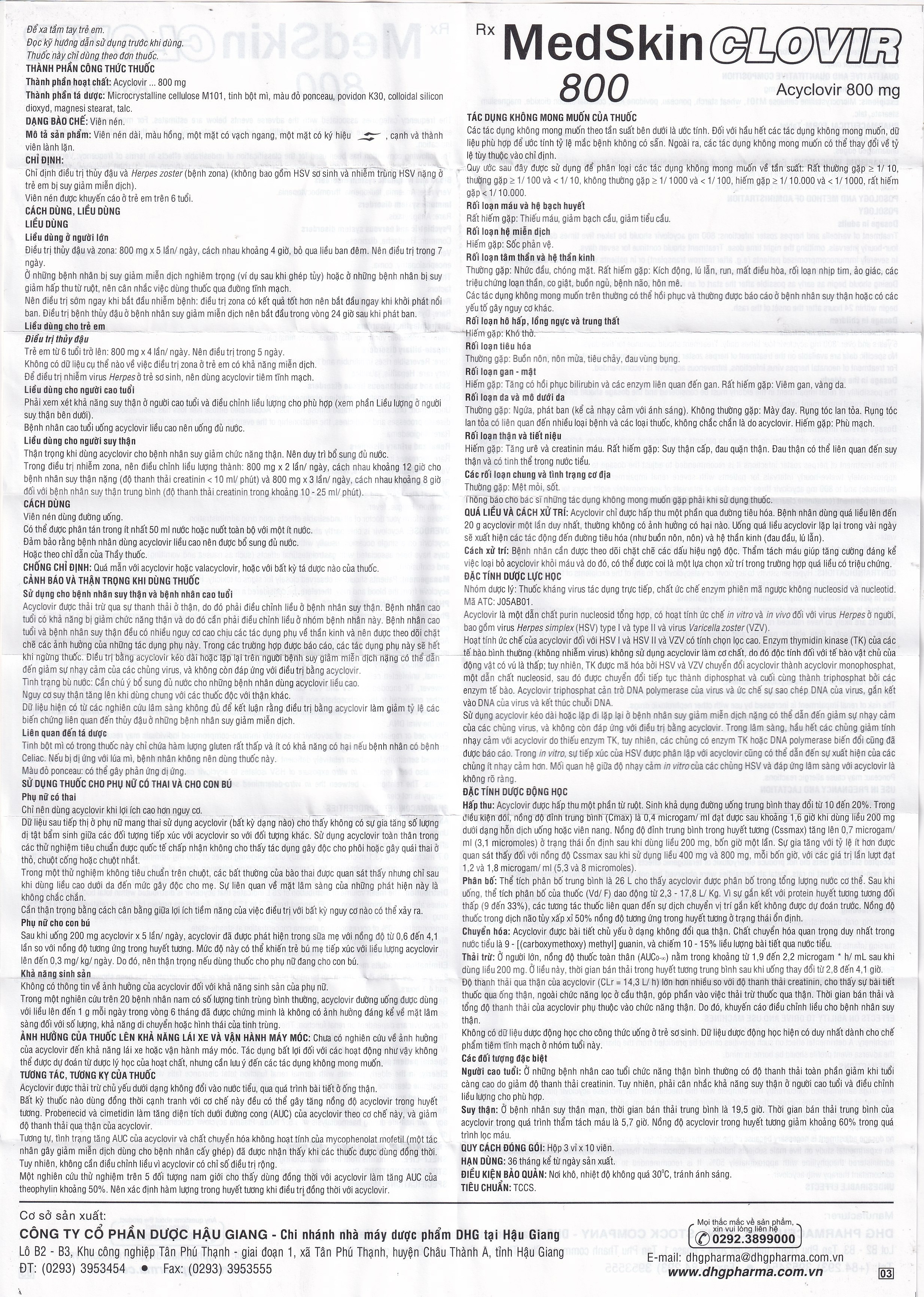Hình ảnh Thuốc MedSkin Clovir 800 DHG điều trị nhiễm virus Herpes simplex, bệnh thủy đậu, viêm phổi do Zona (3 vỉ x 10 viên)