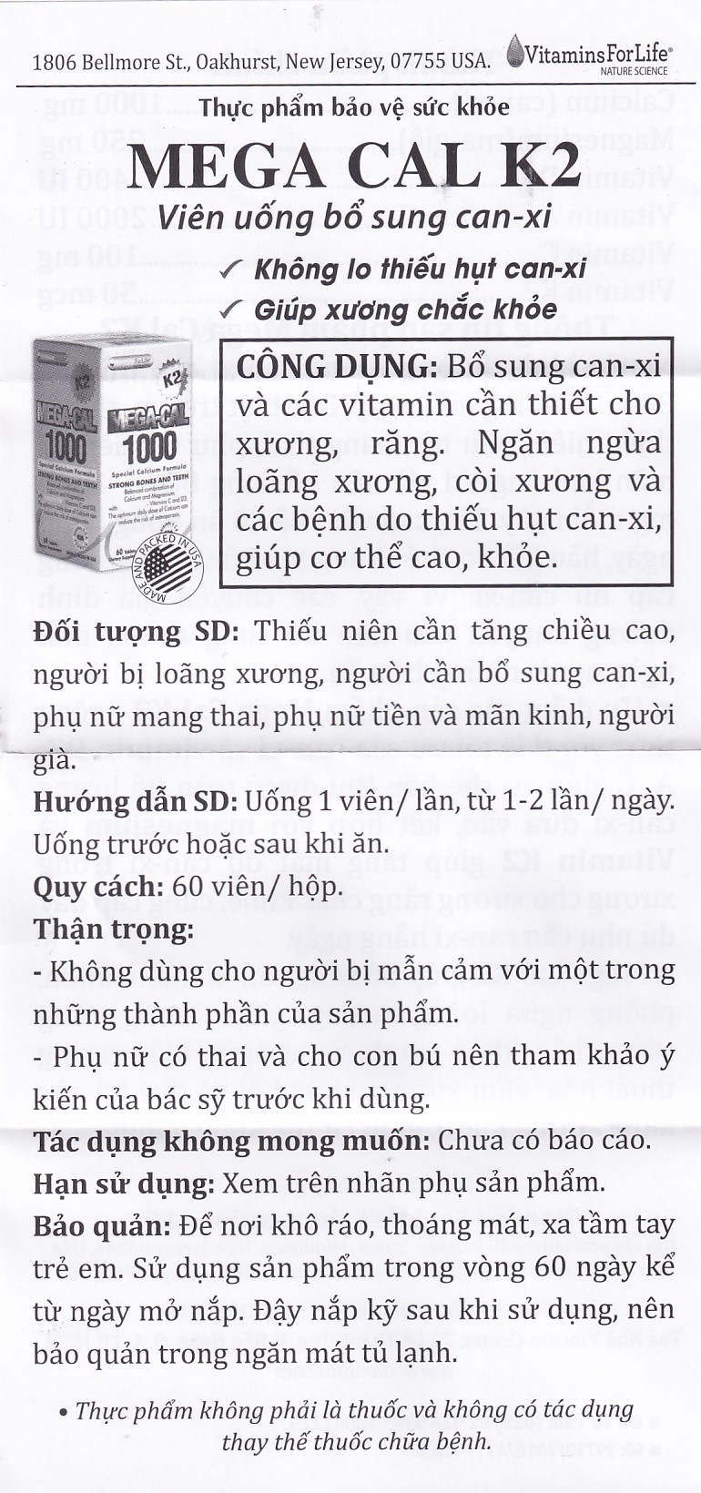 Hình ảnh Viên uống Mega-Cal 1000 Vitamins For Life giúp bổ sung canxi, chống loãng xương (60 viên)