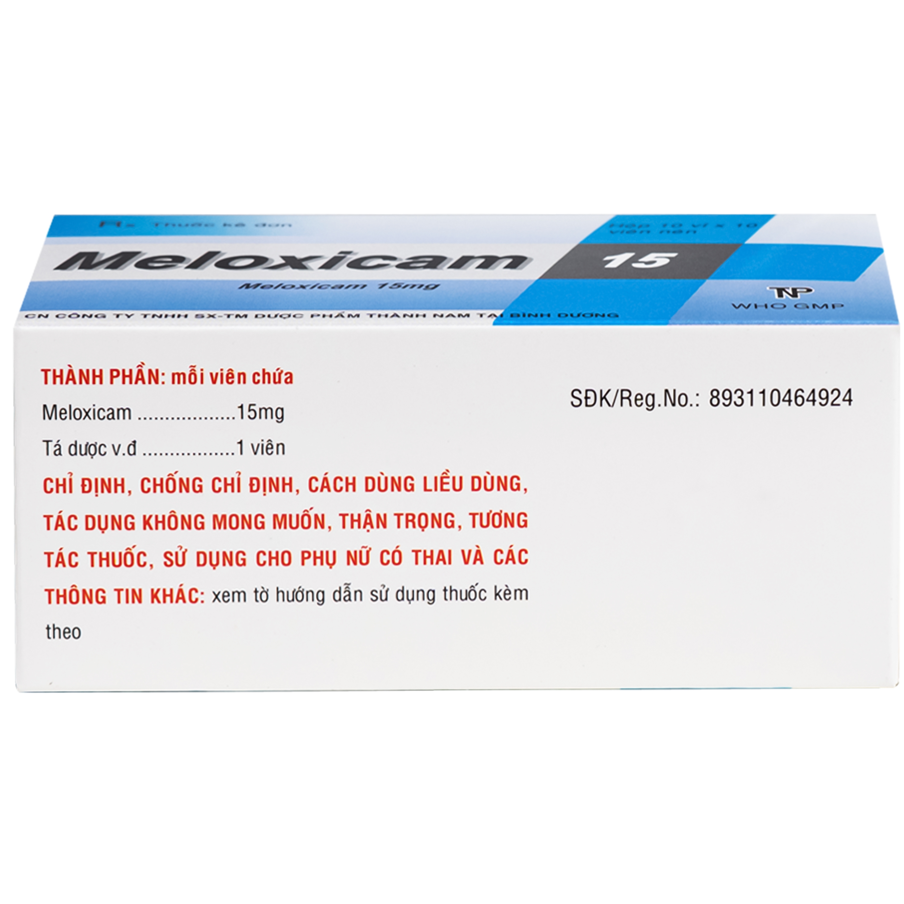 Hình ảnh Thuốc Meloxicam 15mg Thành Nam giảm đau kháng viêm ( 10 vỉ x 10 viên)