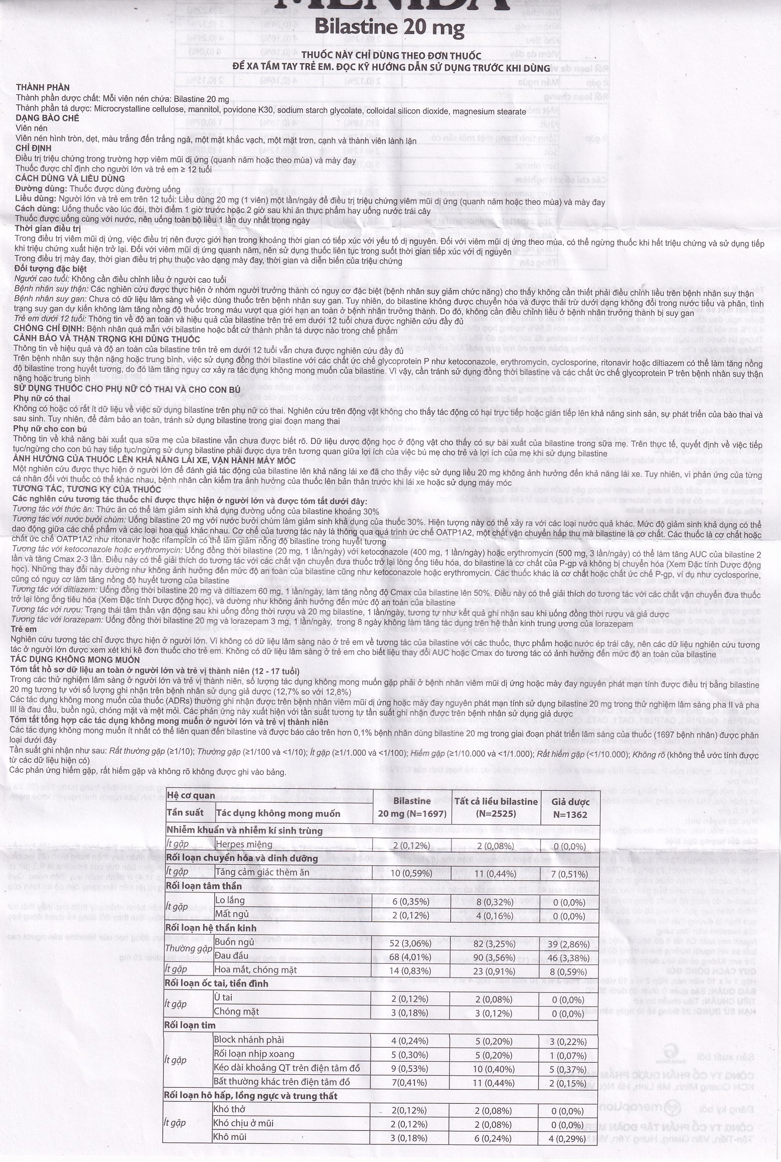 Hình ảnh Thuốc Menida 20mg Merap điều trị viêm mũi dị ứng (2 vỉ x 10 viên)