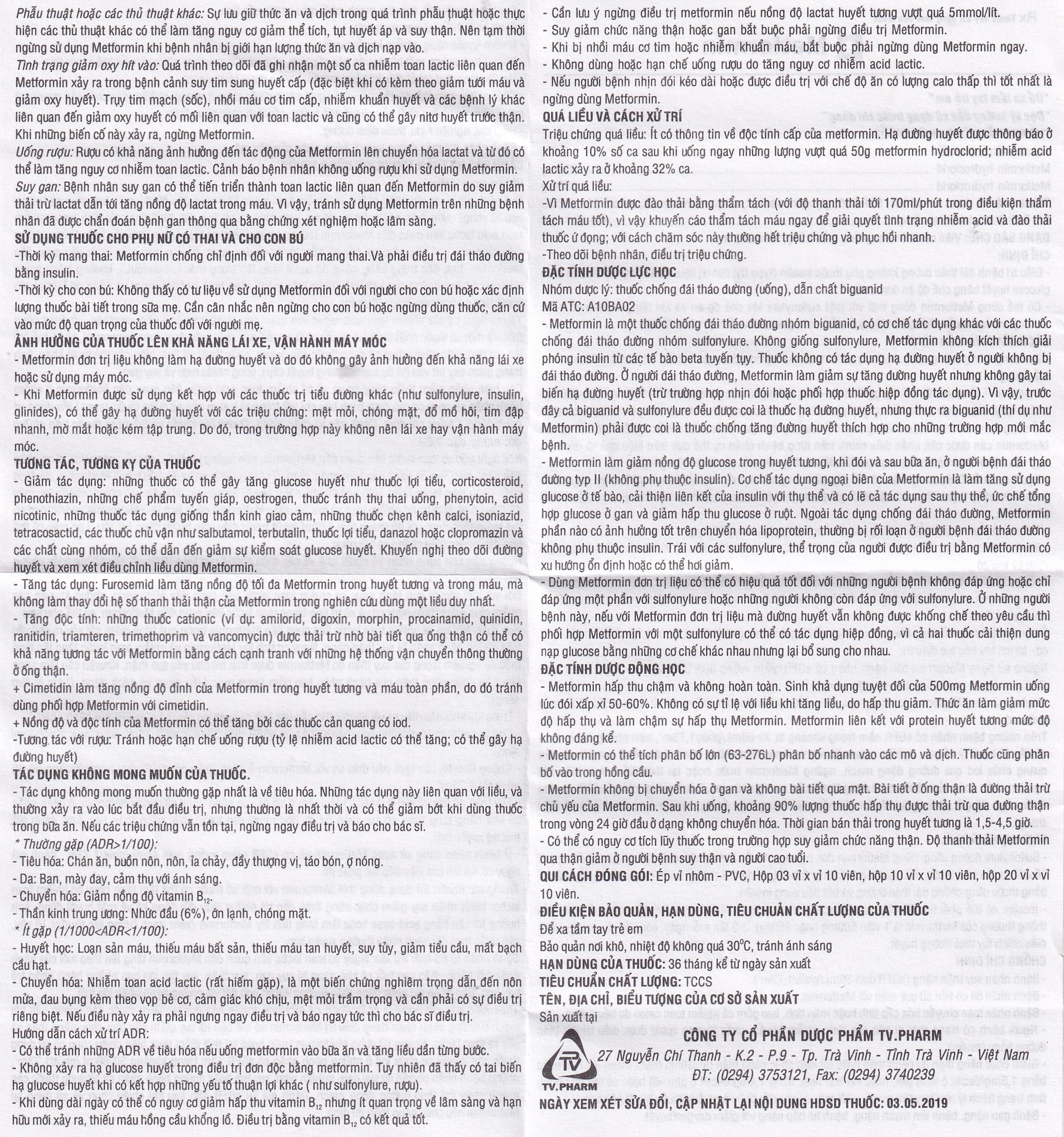 Hình ảnh Thuốc Metformin 500mg TV Pharm điều trị đái tháo đường (10 vỉ x 10 viên)