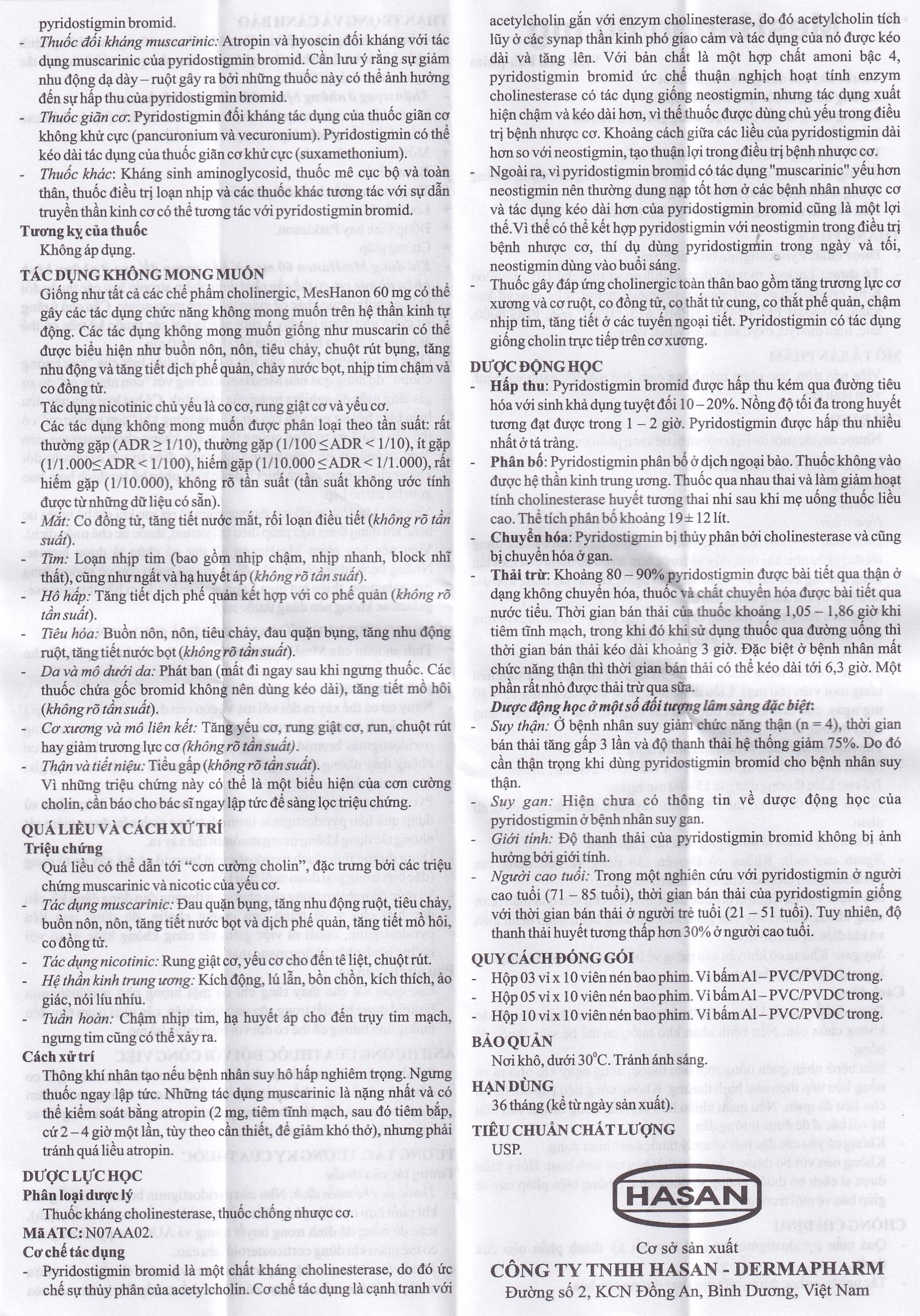 Hình ảnh Viên nén MesHanon 60mg Hasan điều trị nhược cơ, tắt ruột do liệt ruột và bí tiểu sau phẫu thuật (3 vỉ x 10 viên)
