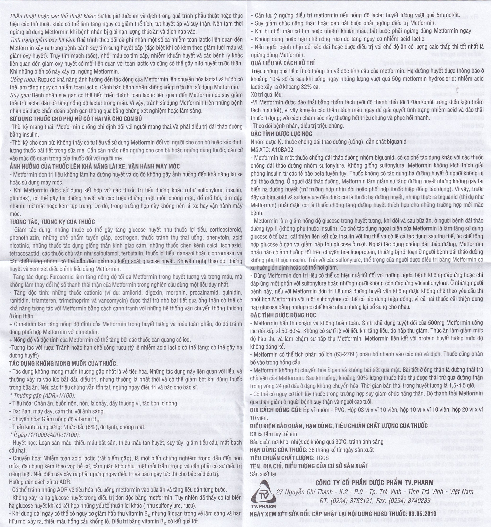 Hình ảnh Thuốc Metformin 850mg TV.Pharm điều trị bệnh đái tháo đường (10 vỉ x 10 viên)