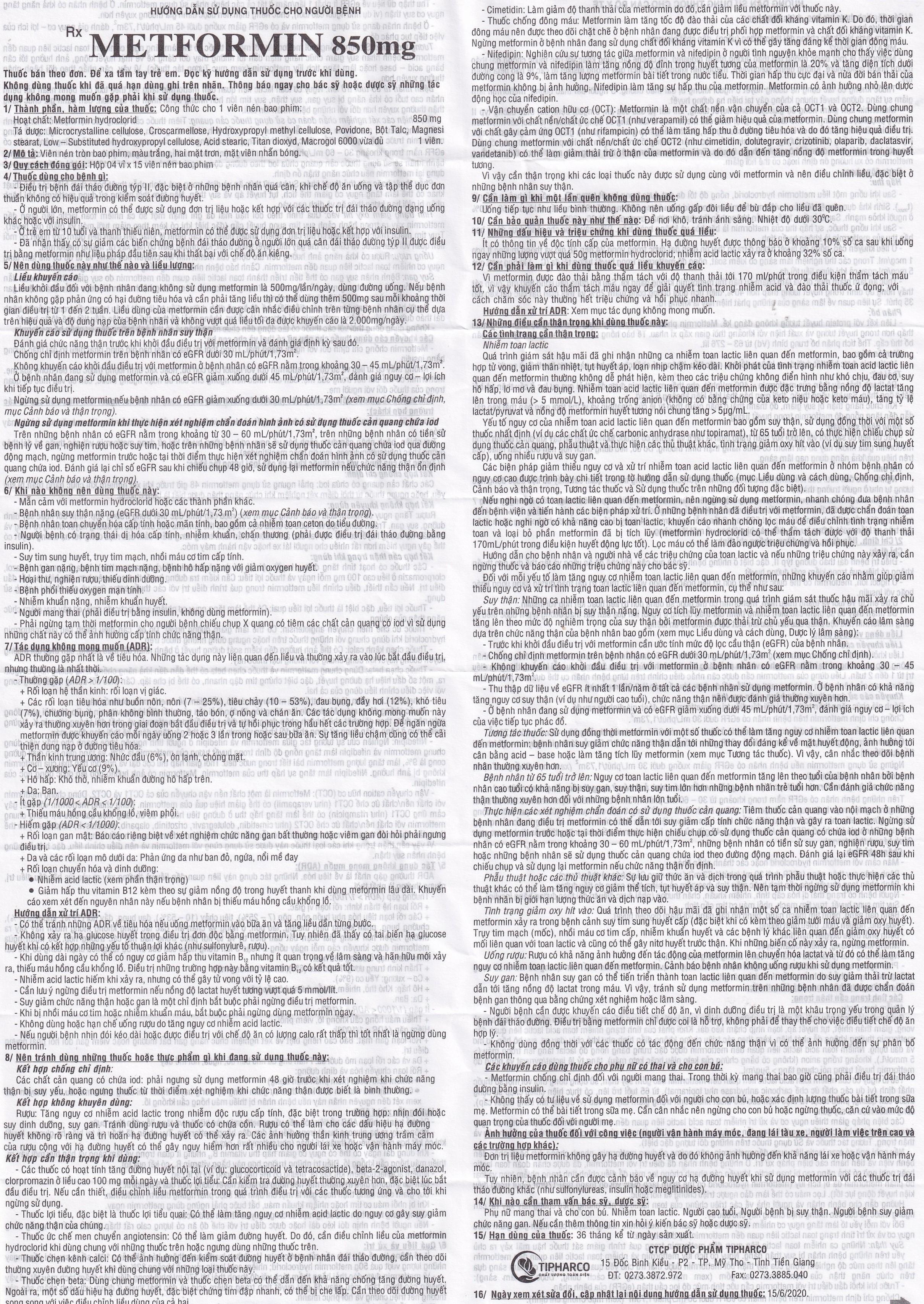 Hình ảnh Viên nén Metformin 850mg Tipharco điều trị đái tháo đường không phụ thuộc insulin típ 2 (4 vỉ x 15 viên) 