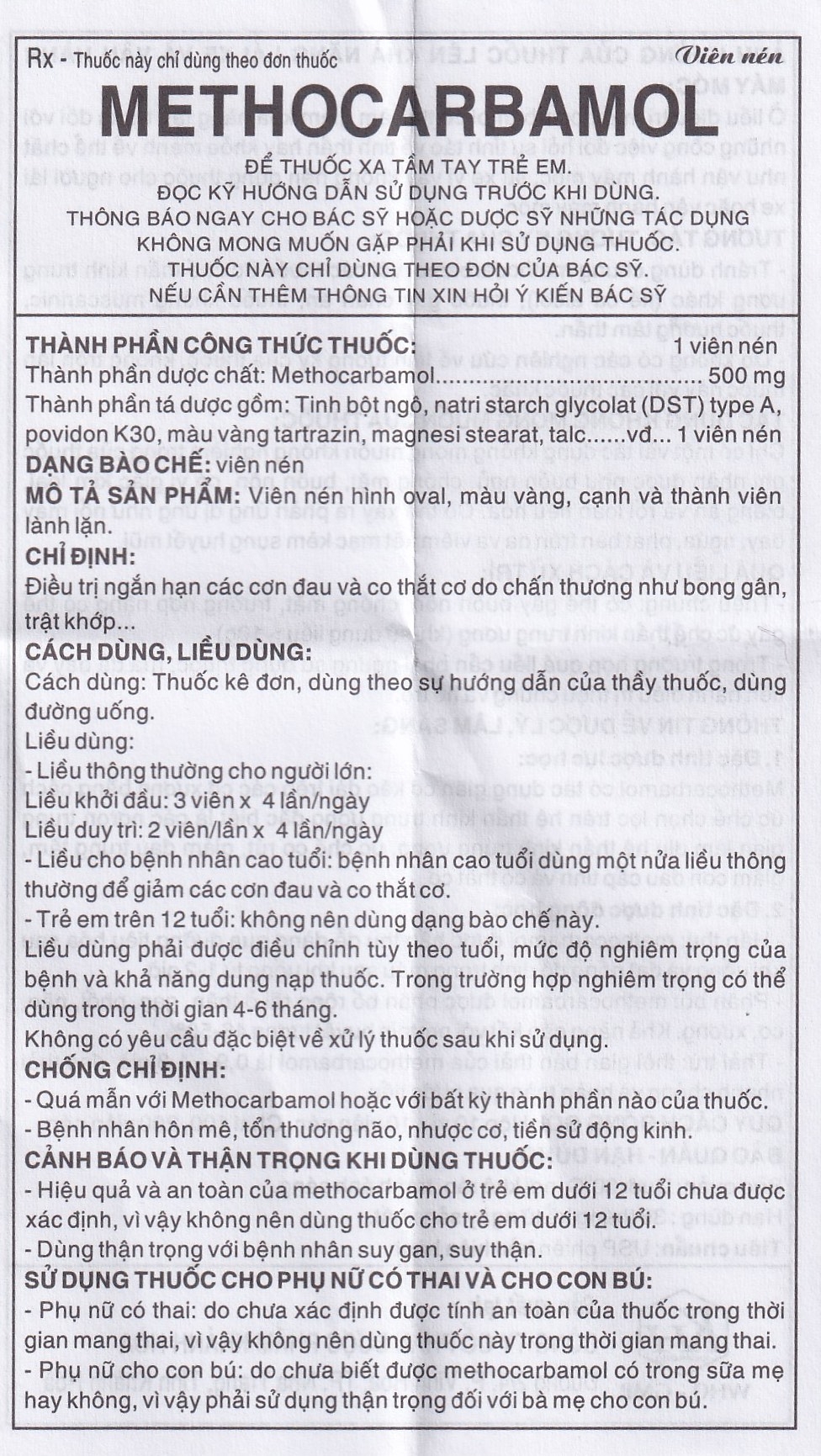 Hình ảnh Viên nén Methocarbamol 500mg Khapharco điều trị ngắn hạn cơn đau, co thắt cơ, bong gân (10 vỉ x 10 viên)