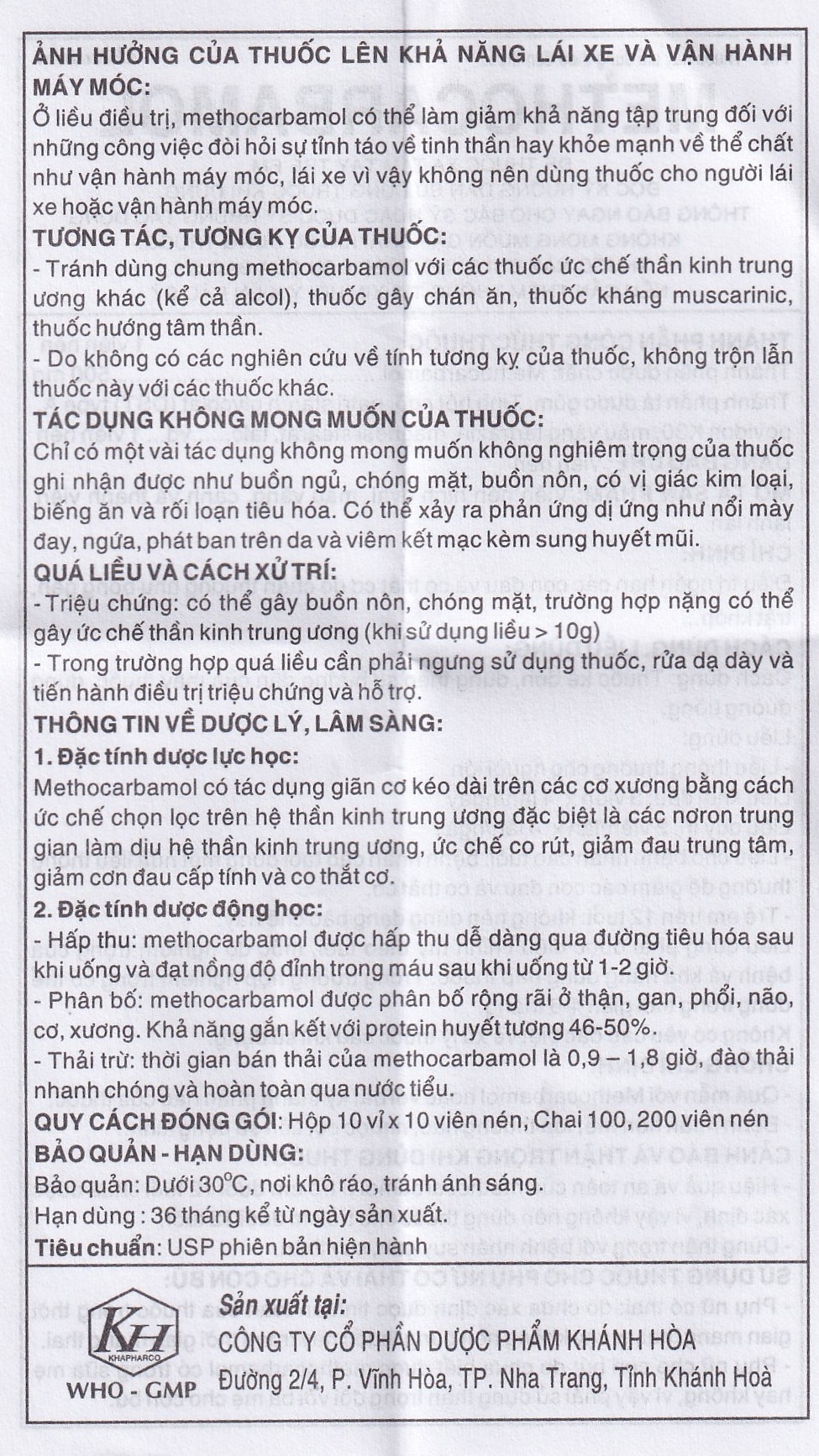 Hình ảnh Viên nén Methocarbamol 500mg Khapharco điều trị ngắn hạn cơn đau, co thắt cơ, bong gân (10 vỉ x 10 viên)