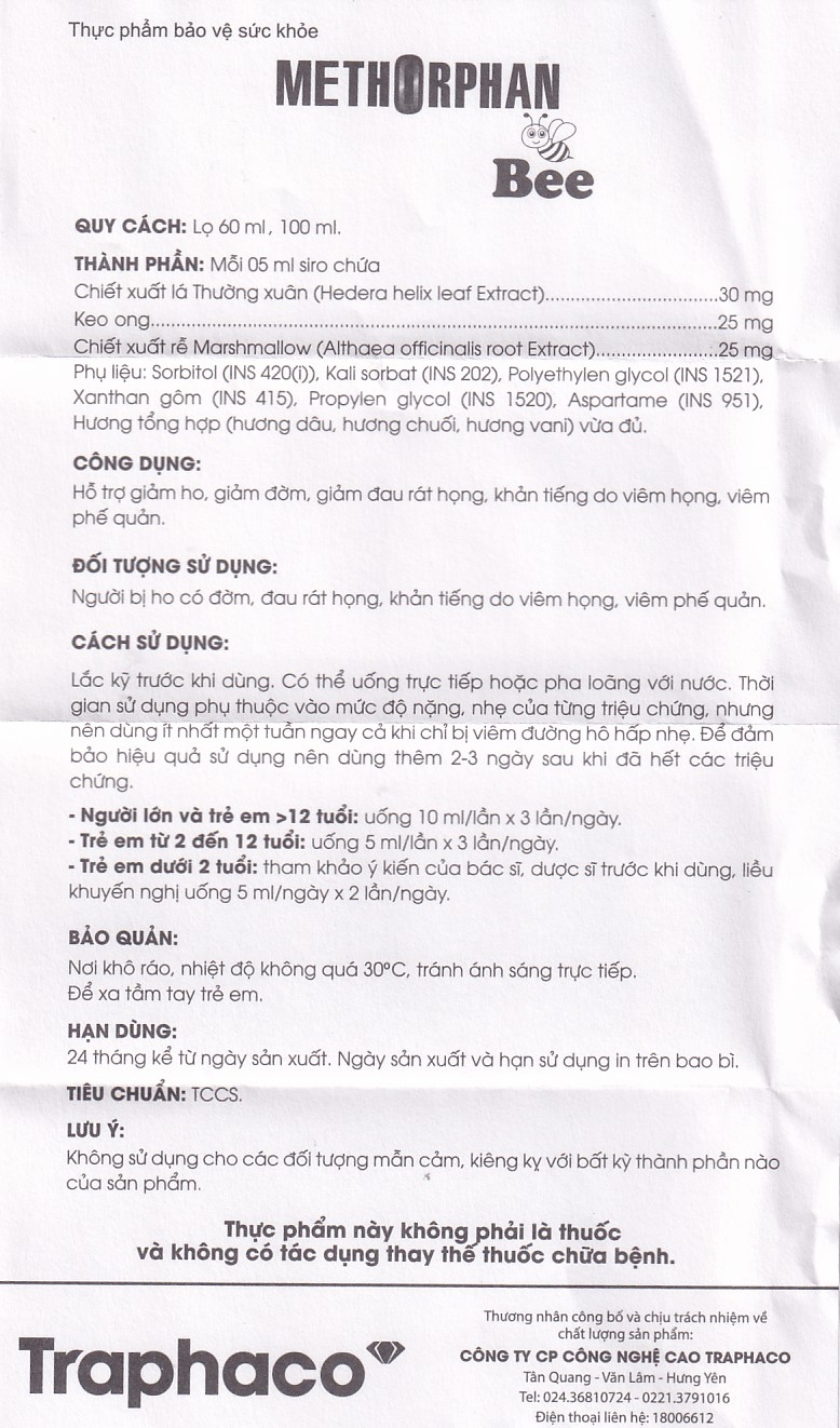 Hình ảnh Siro Methorphan Bee Traphaco hỗ trợ giảm ho, giảm đờm, viêm họng (100ml)